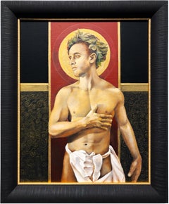 Saint Dante - Nude Male w/ Halo, Gazing to the Side, Black, Gold, Red Background