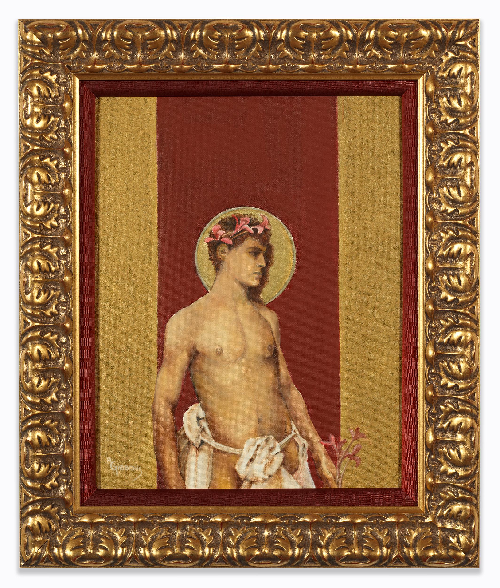 Saint II - Nude Male Torso Painting on Red and Gold by Richard Gibbons 1