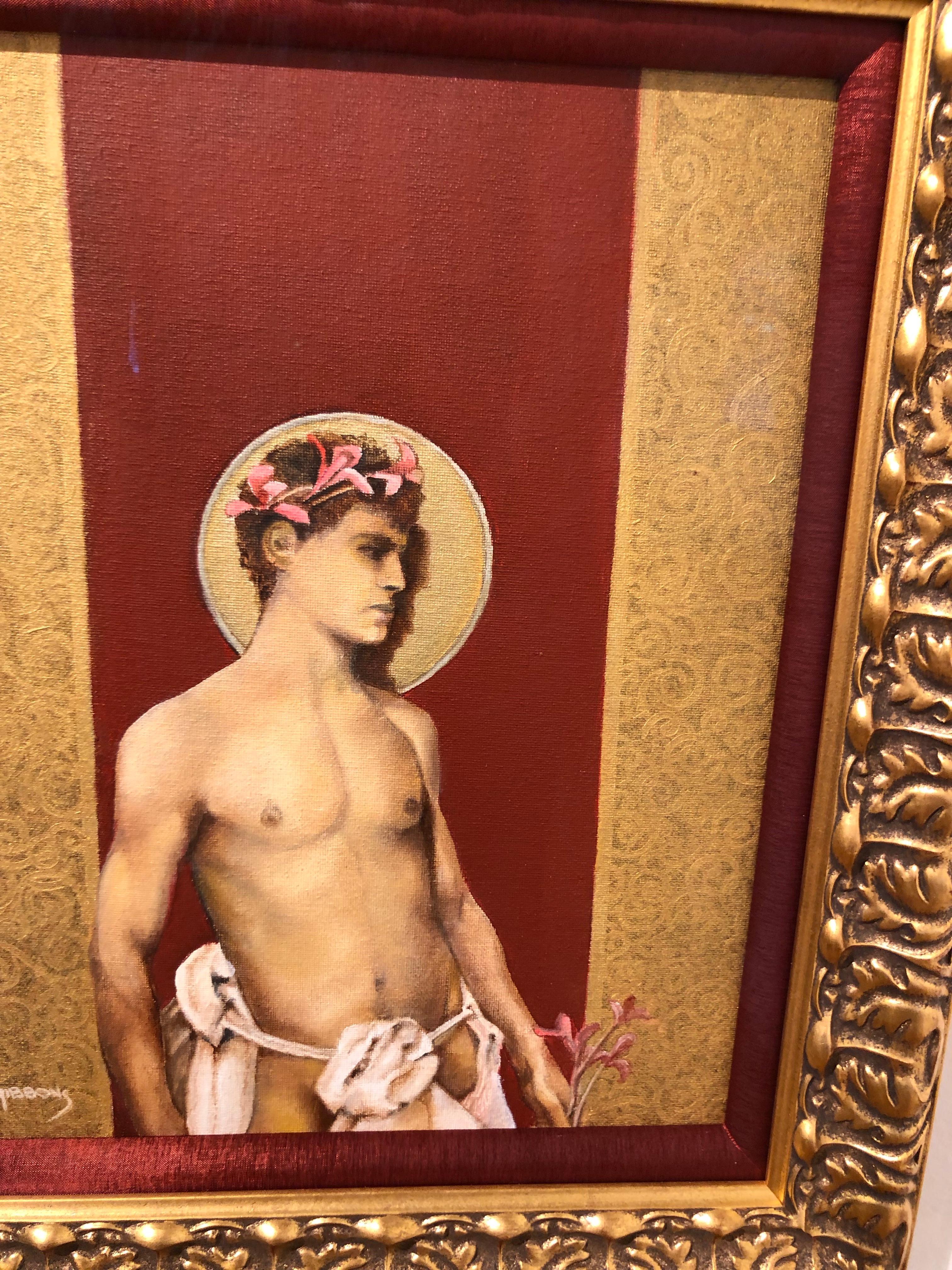 Saint II - Nude Male Torso Painting on Red and Gold by Richard Gibbons 4