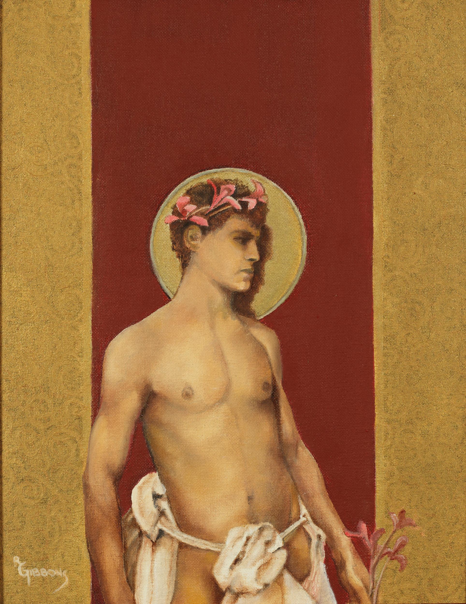 This painting entitled "Saint II" is a semi nude male.  His figure contrasts  with the patterned gold and red background.  His head is surrounded by a halo and adorned with a crown of lilies represent friendship, humility and devotion.  He holds the