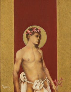 Saint II - Nude Male Torso Painting on Red and Gold by Richard Gibbons