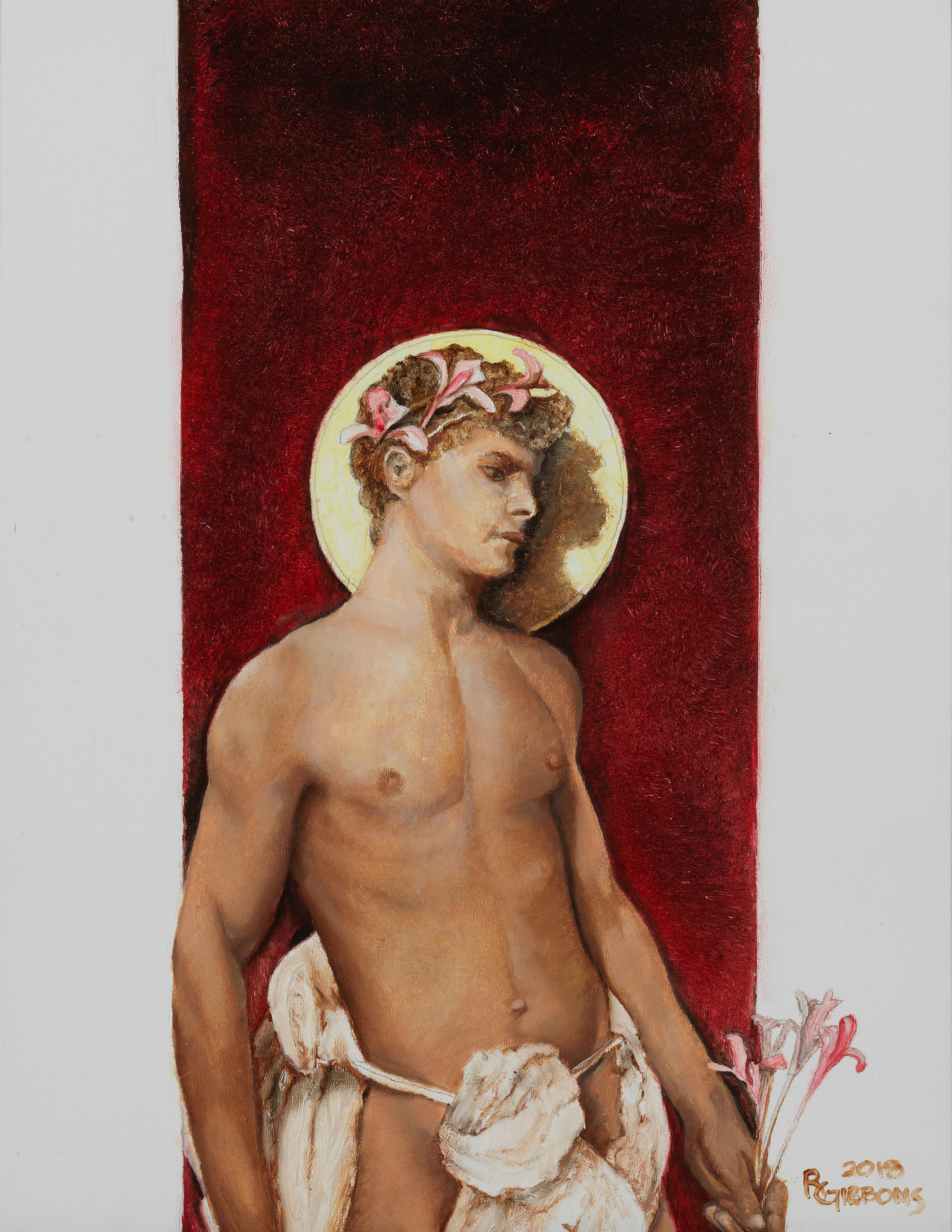 Saint - Young, Semi-Nude Male with Burgundy and White Background, Oil on Panel – Painting von Richard Gibbons