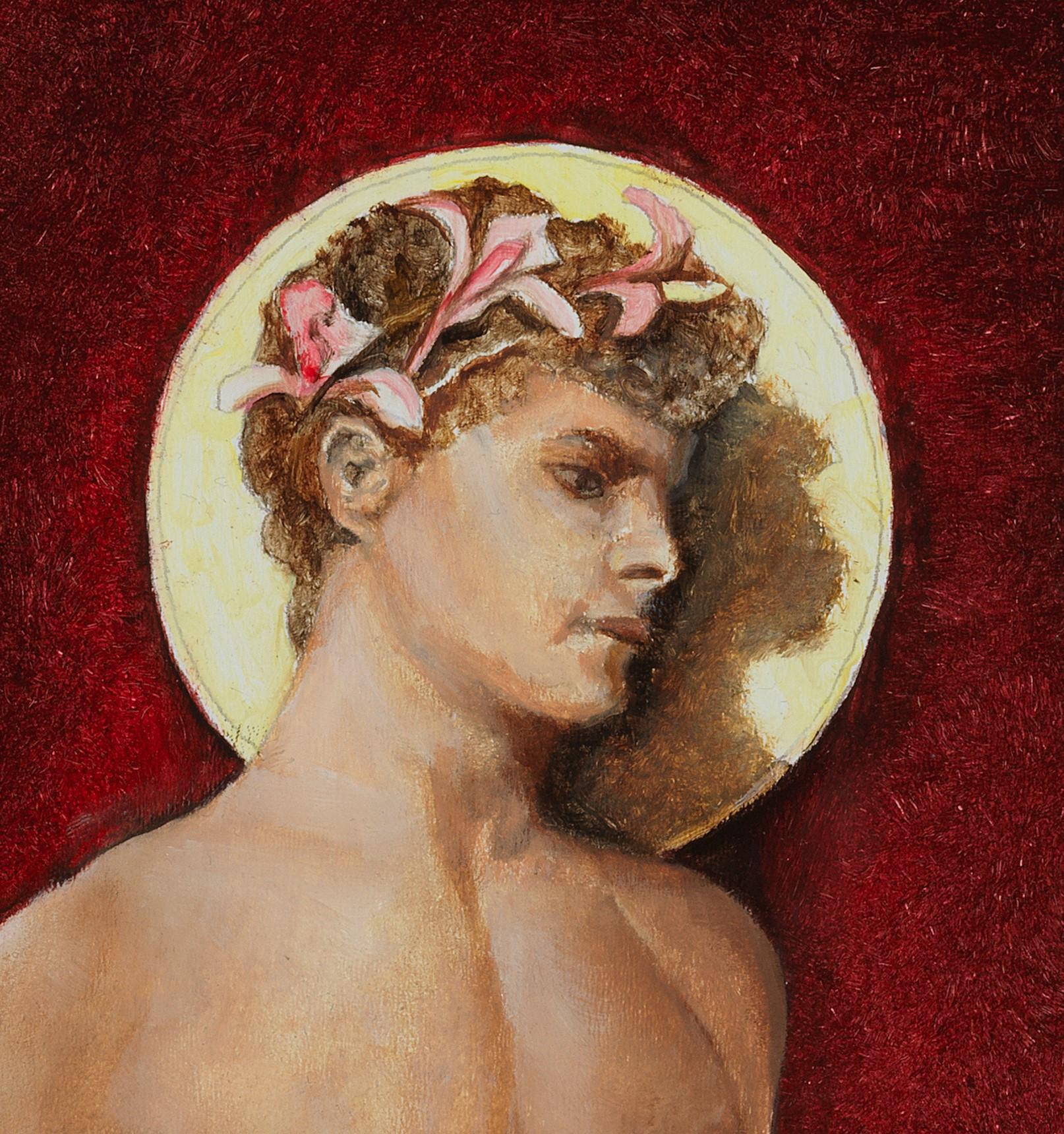 Saint - Young, Semi-Nude Male with Burgundy and White Background, Oil on Panel (Zeitgenössisch), Painting, von Richard Gibbons