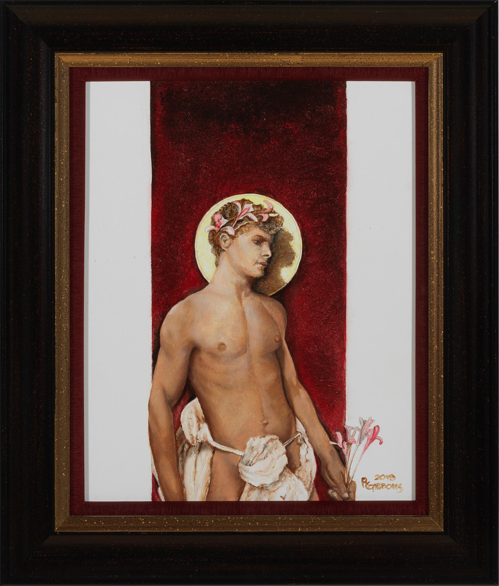 Richard Gibbons Nude Painting - Saint - Young, Semi-Nude Male with Burgundy and White Background, Oil on Panel