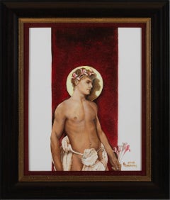 Saint - Young, Semi-Nude Male with Burgundy and White Background, Oil on Panel