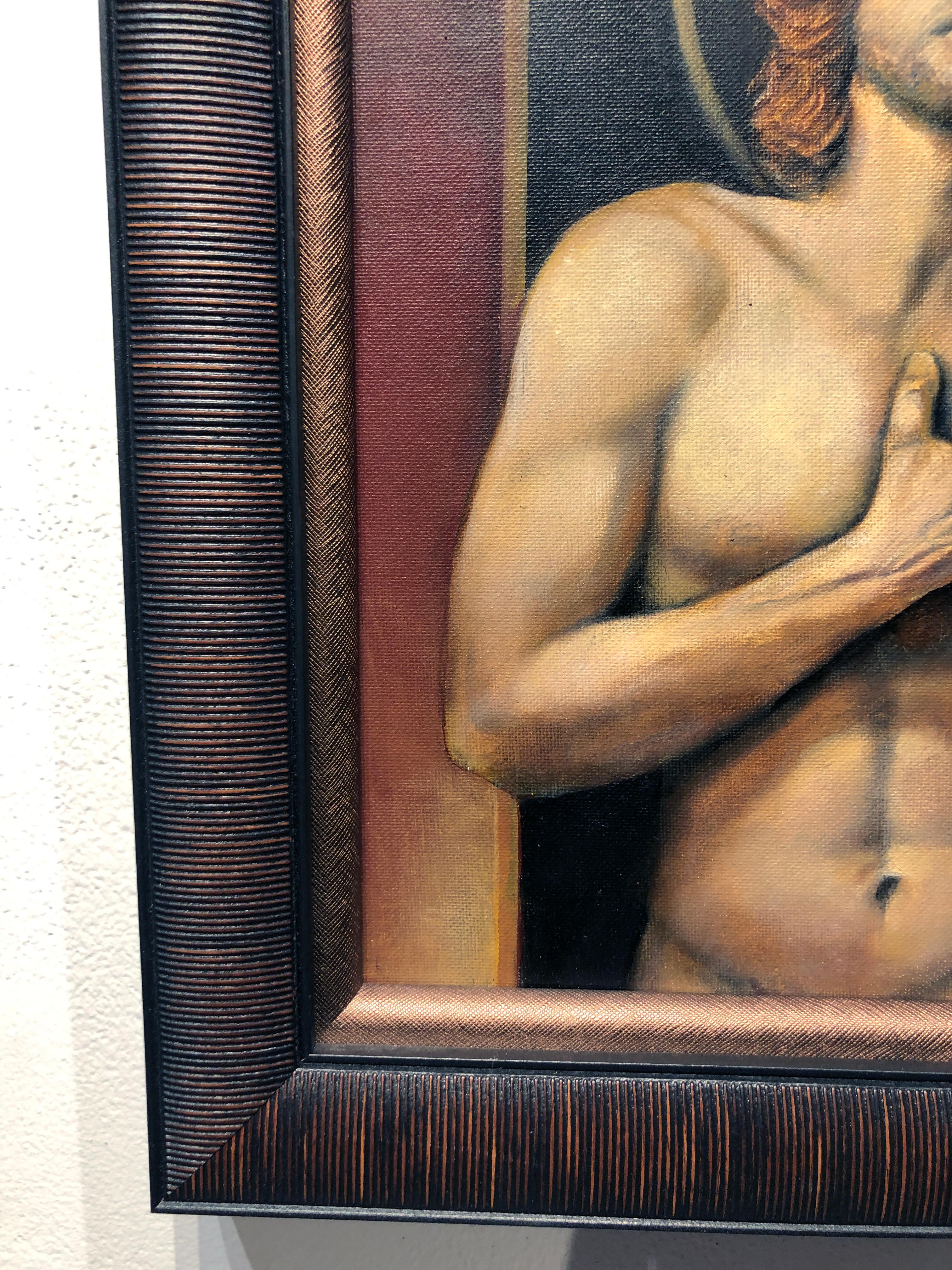 Sebastian, Male Nude Torso, Gazing Straight at the Viewer Black, Gold Background - Contemporary Painting by Richard Gibbons