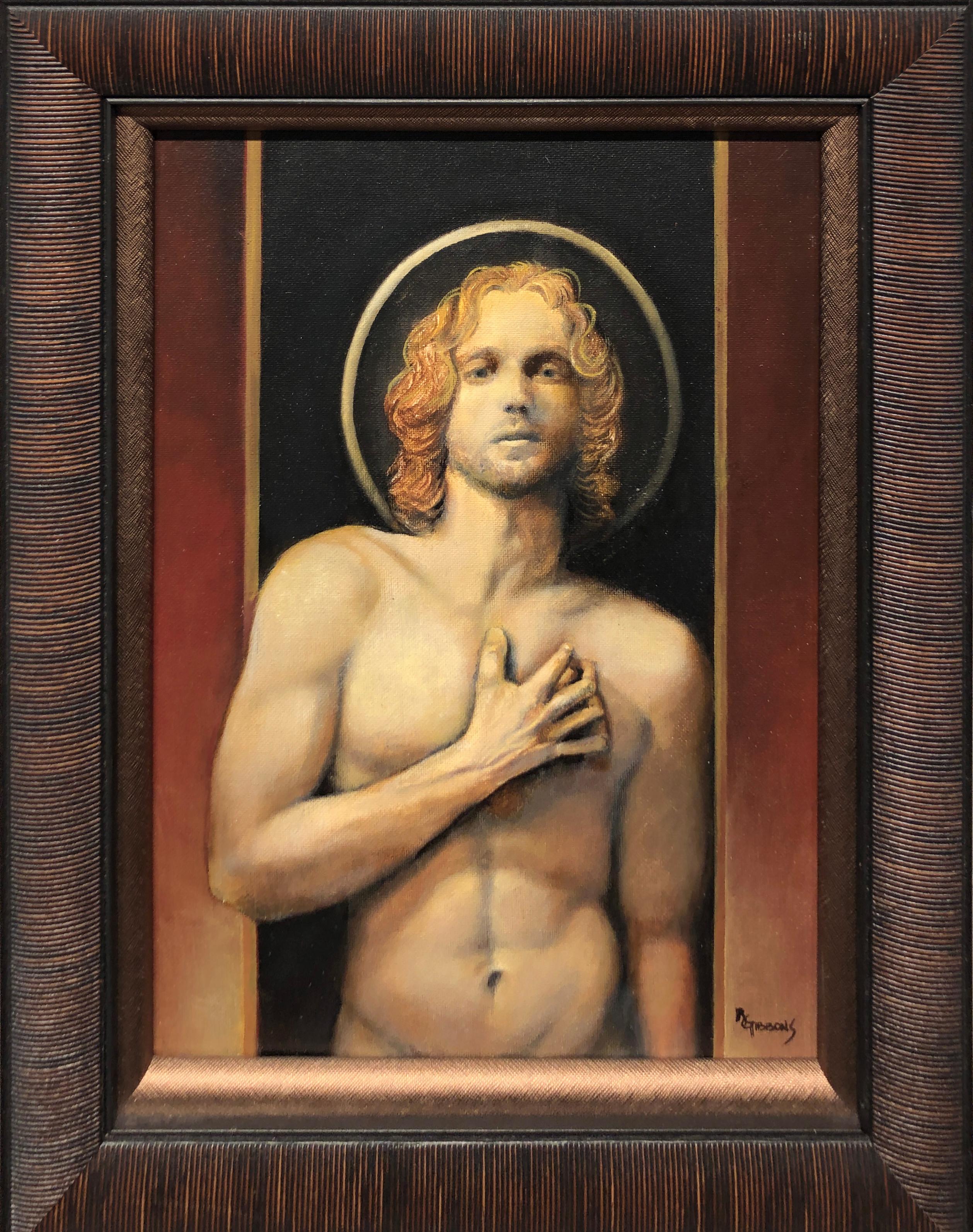 Richard Gibbons Figurative Painting - Sebastian, Male Nude Torso, Gazing Straight at the Viewer Black, Gold Background