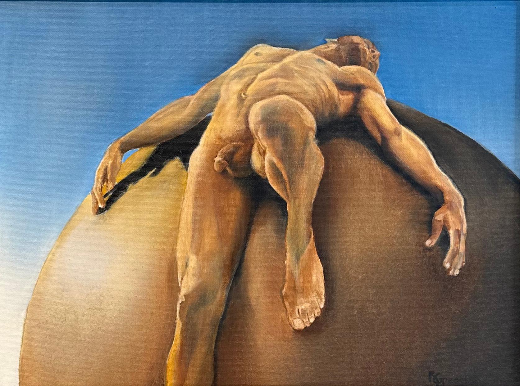 Sísifo, mitología clásica con figura masculina desnuda, óleo original, enmarcado - Painting de Richard Gibbons