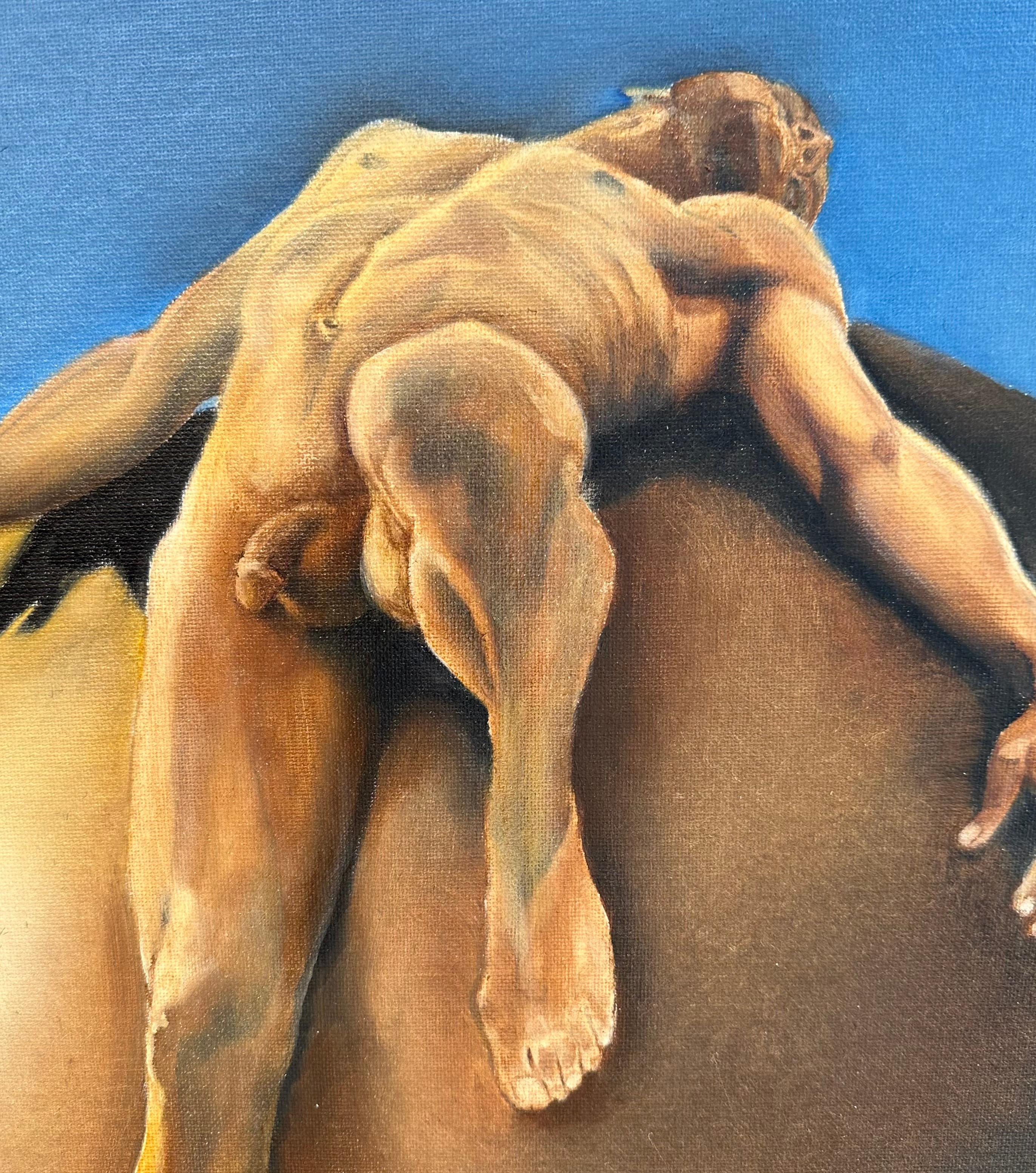 Sísifo, mitología clásica con figura masculina desnuda, óleo original, enmarcado - Painting Contemporáneo de Richard Gibbons
