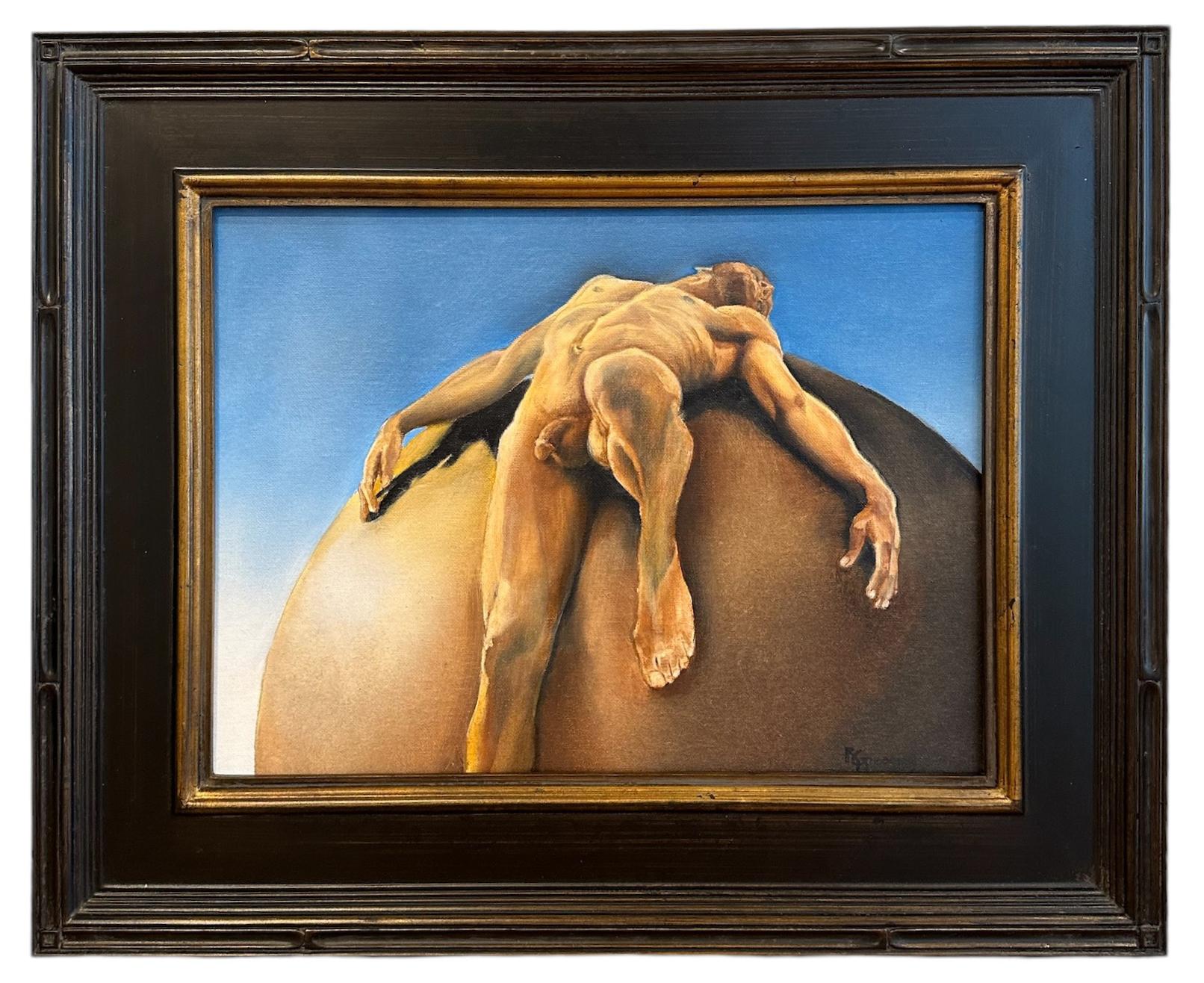 Figurative Painting de Richard Gibbons - Sísifo, mitología clásica con figura masculina desnuda, óleo original, enmarcado