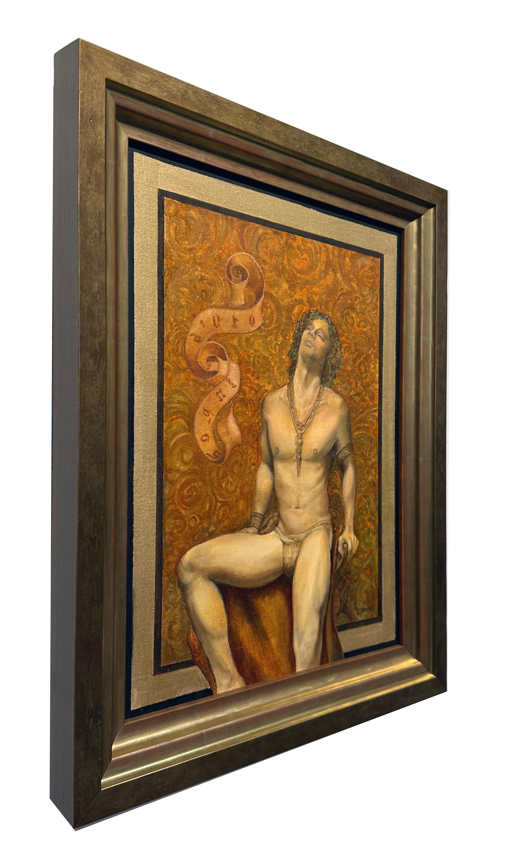 Sogno D'Oro - Seated Muscular Male Wearing a Loin Cloth, Original Oil on Canvas - Painting by Richard Gibbons