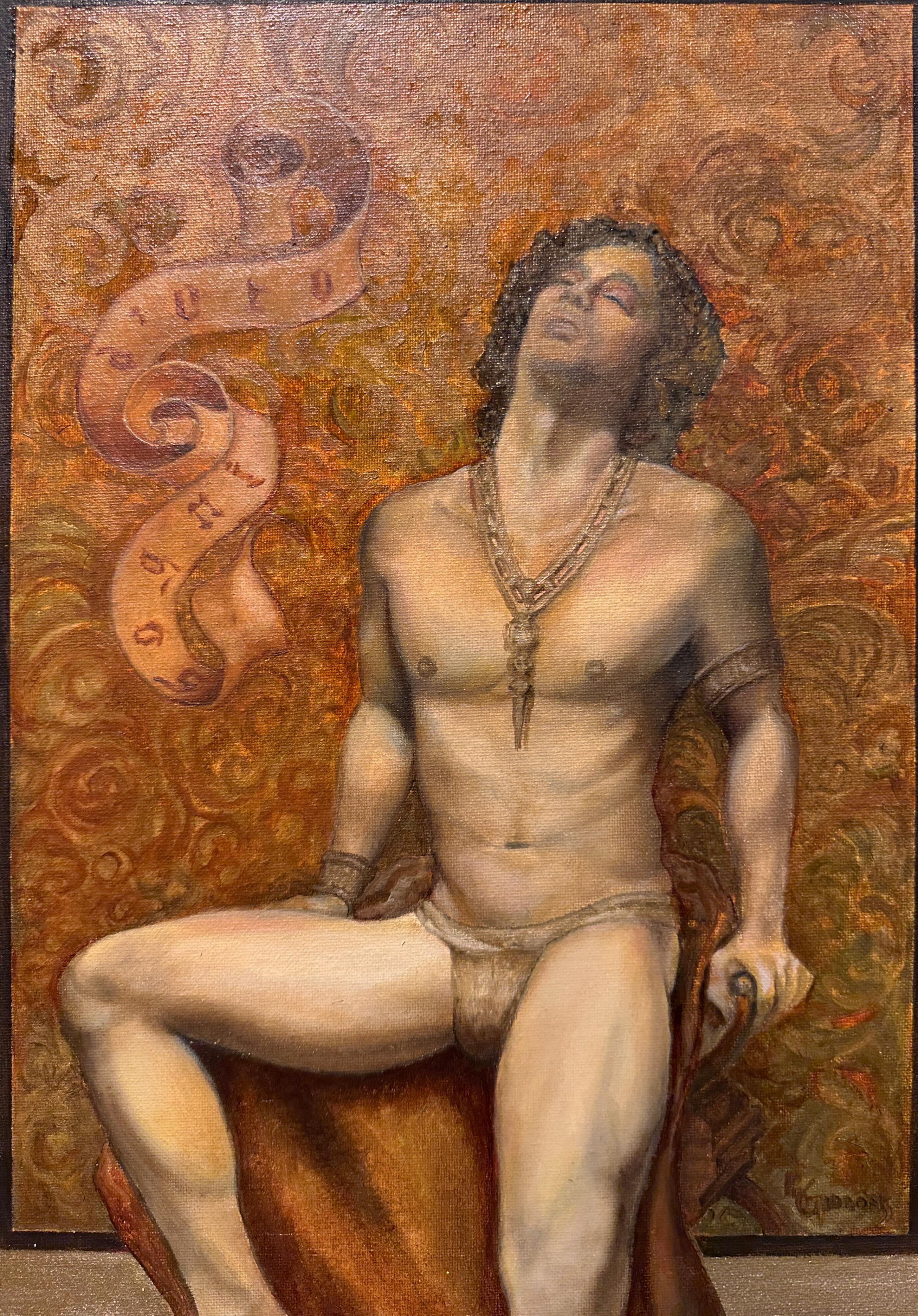Sogno D'Oro - Seated Muscular Male Wearing a Loin Cloth, Original Oil on Canvas - Contemporary Painting by Richard Gibbons