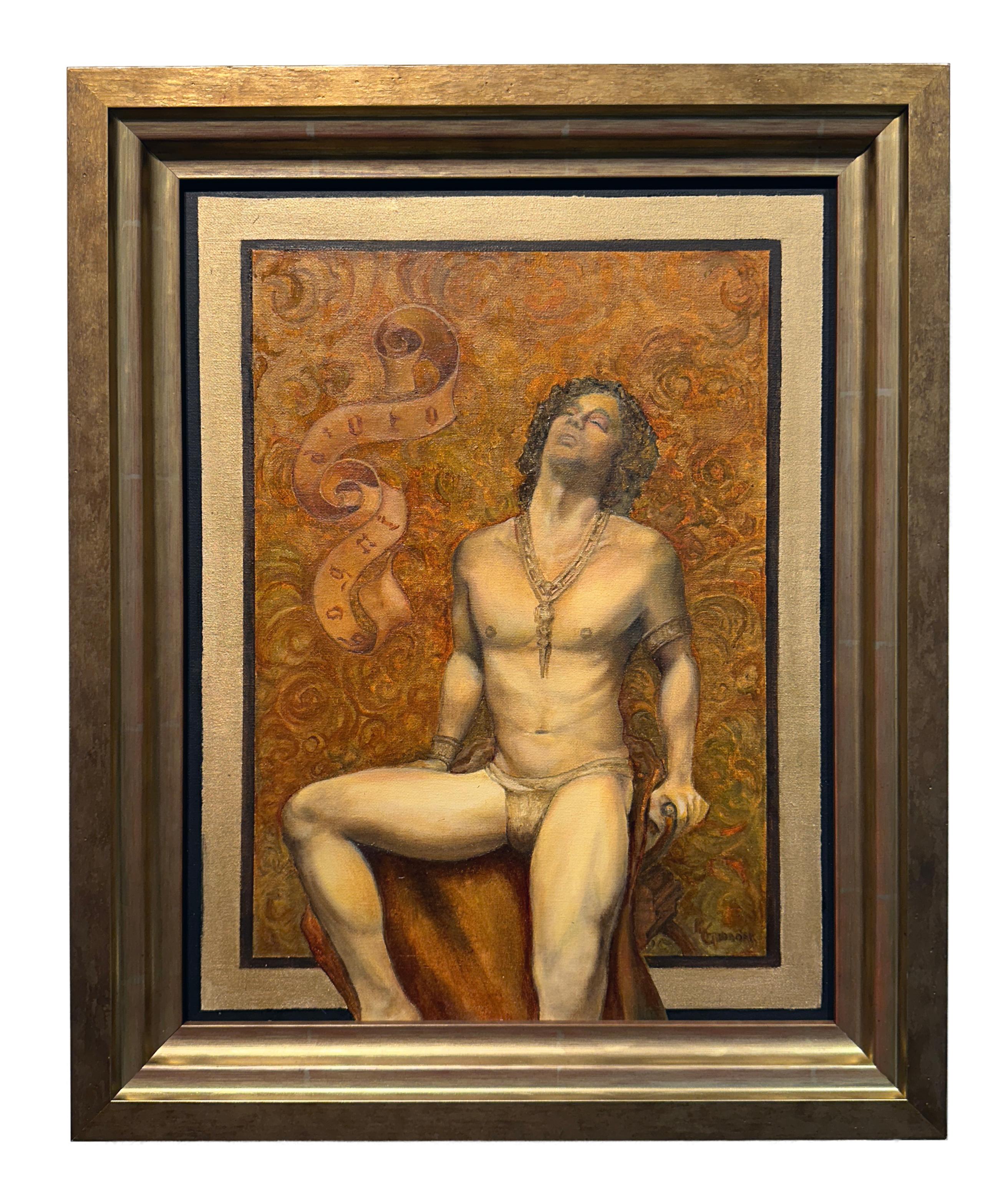 Richard Gibbons Portrait Painting - Sogno D'Oro - Seated Muscular Male Wearing a Loin Cloth, Original Oil on Canvas