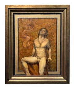 Sogno D'Oro – sitzender, kugelförmiger männlicher Mann mit Loin-Stoff, Original Öl auf Leinwand