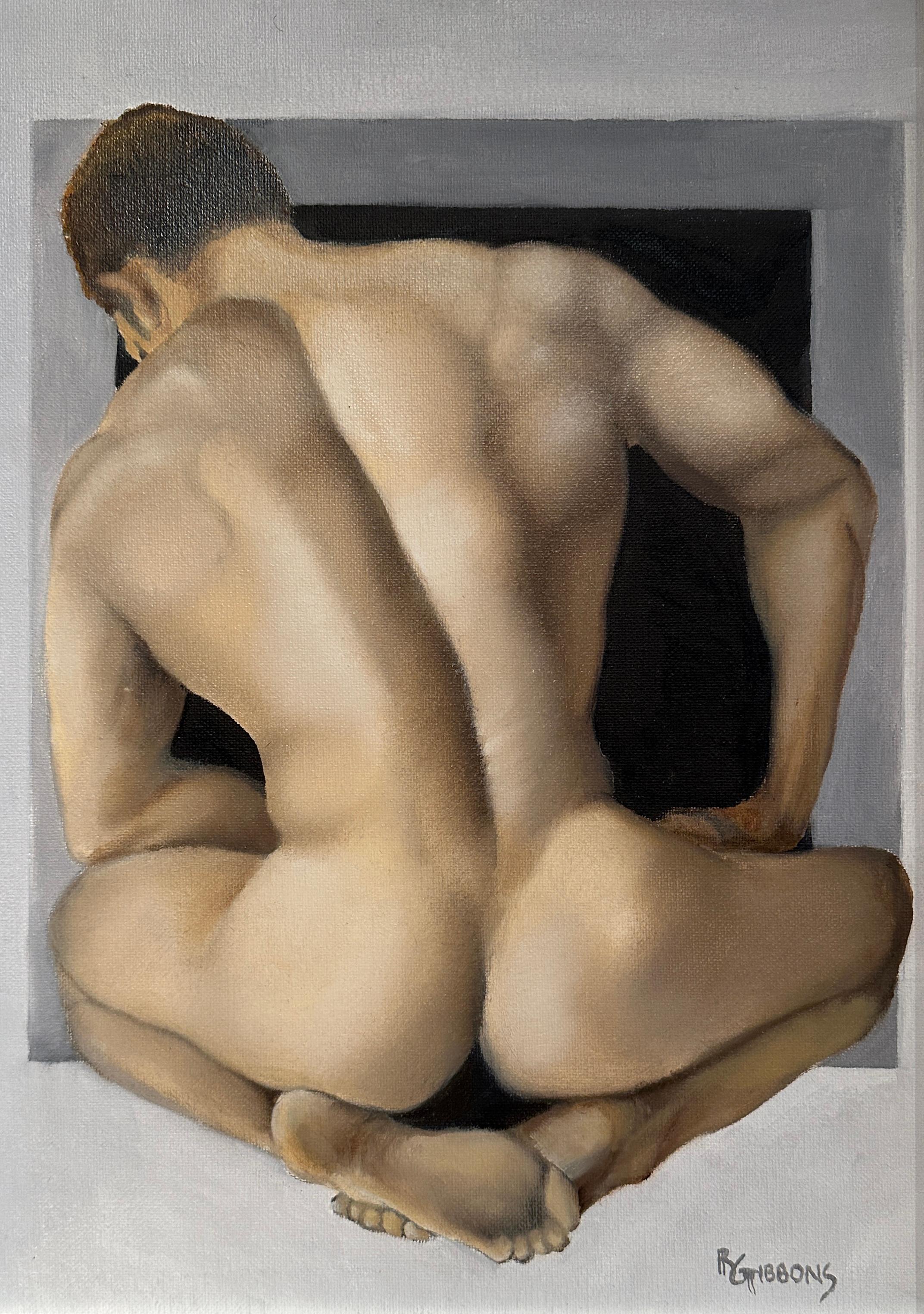 Spalle, Original Ölgemälde eines muskulösen männlichen Aktes, gerahmt (Braun), Nude Painting, von Richard Gibbons