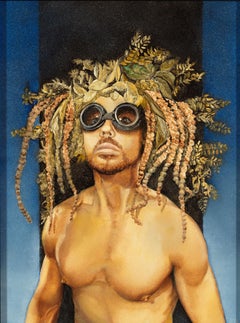 Survivalist - Nude Male Torso Painting on Blue by Richard Gibbons, Oil on Panel