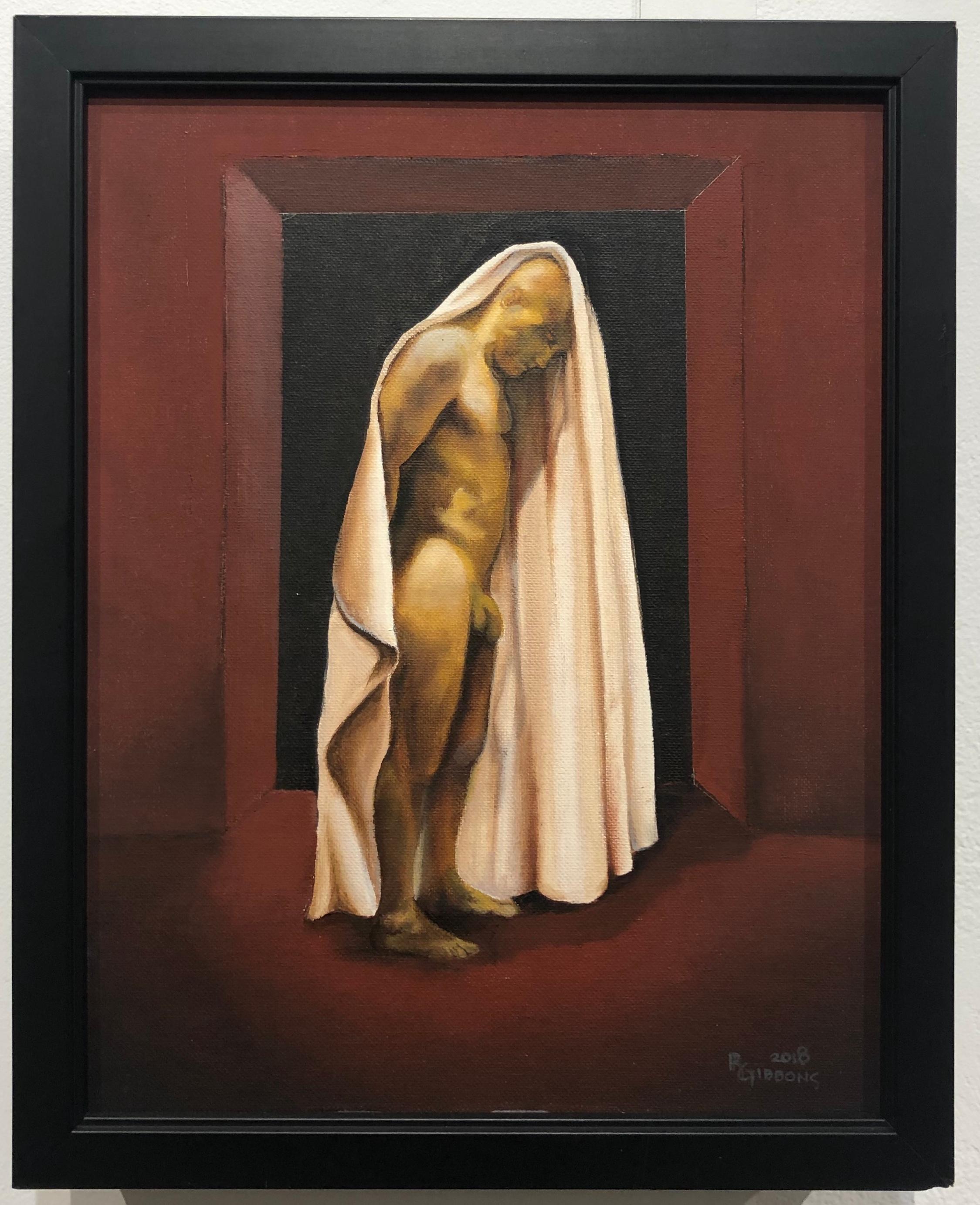 The Final Portal, Shrouded Male Nude on a Burgundy Backdrop, Oil on Panel  - Painting by Richard Gibbons