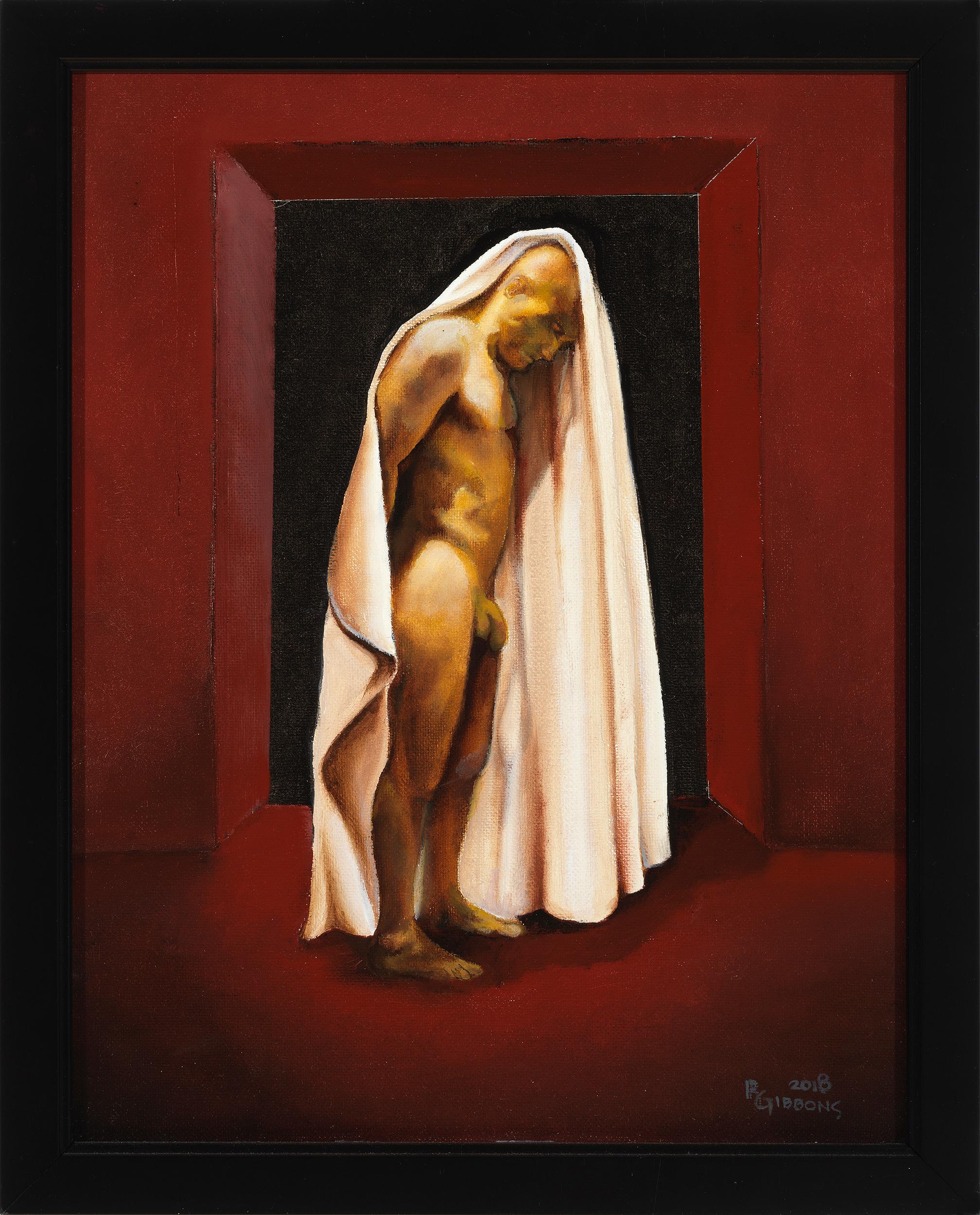 Richard Gibbons Nude Painting - The Final Portal, Shrouded Male Nude on a Burgundy Backdrop, Oil on Panel