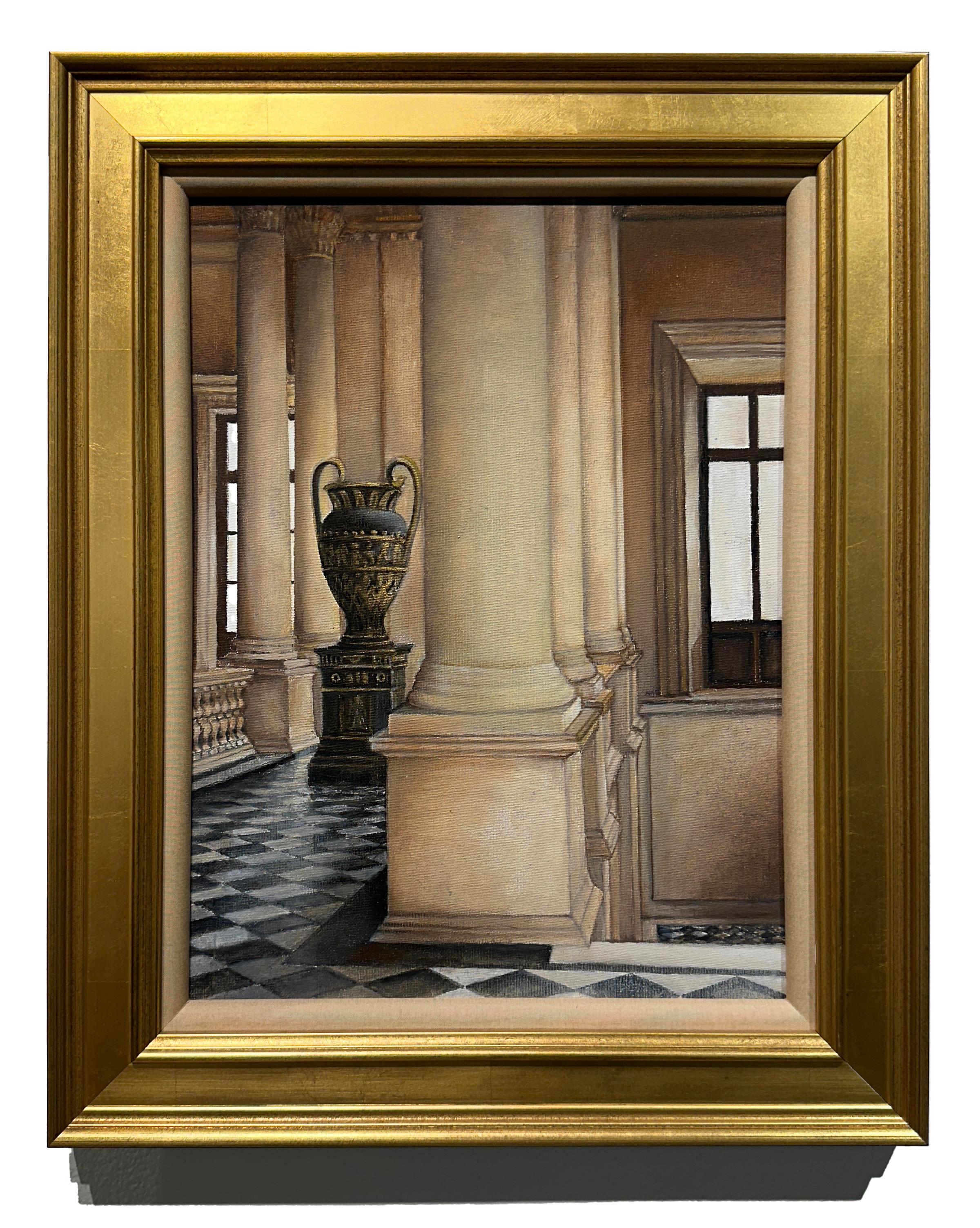 The Louvre - Interior Architectural Scene, Framed, Original Oil on Canvas - Painting by Richard Gibbons