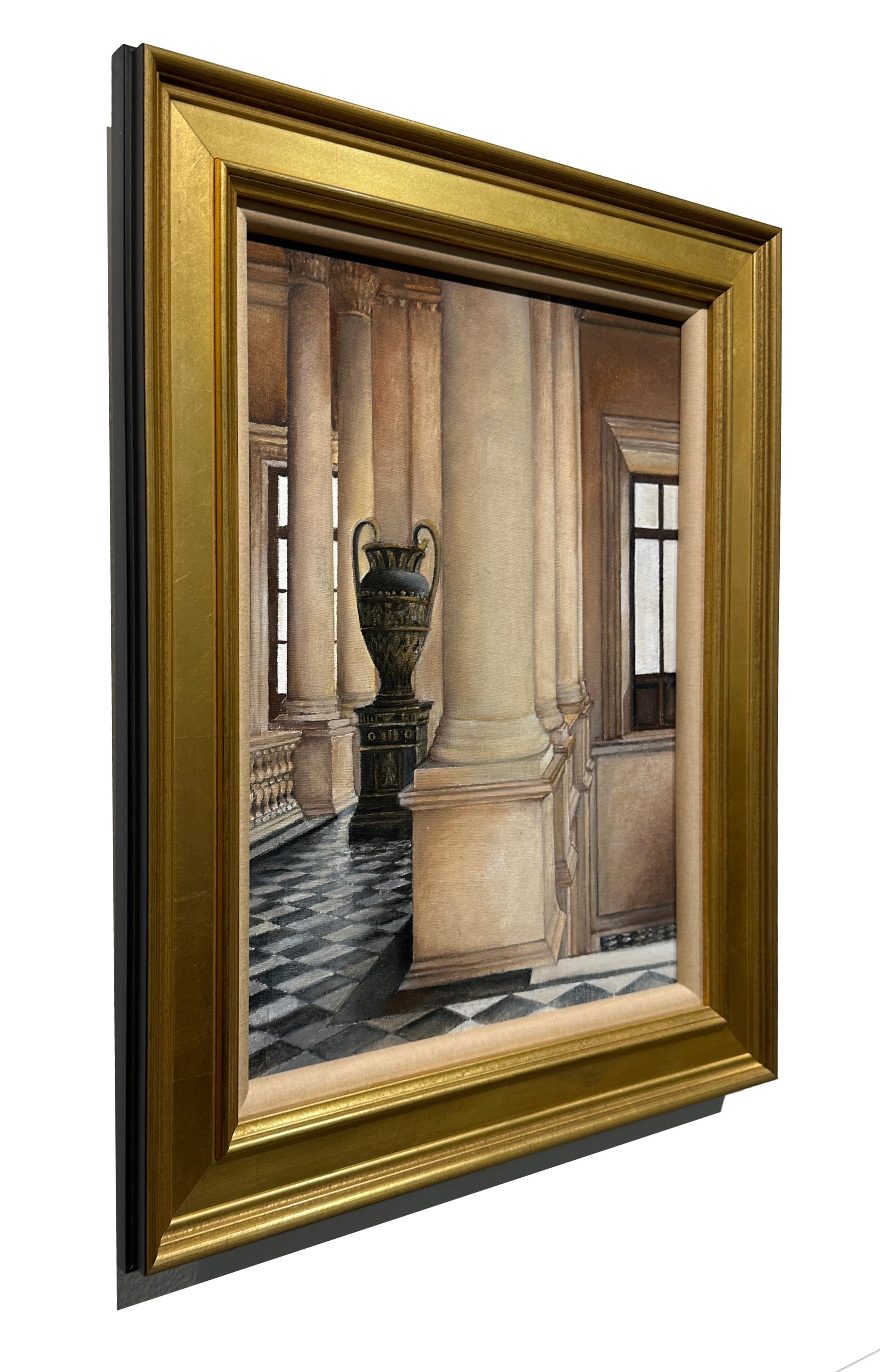 The Louvre - Interior Architectural Scene, Framed, Original Oil on Canvas - Contemporary Painting by Richard Gibbons