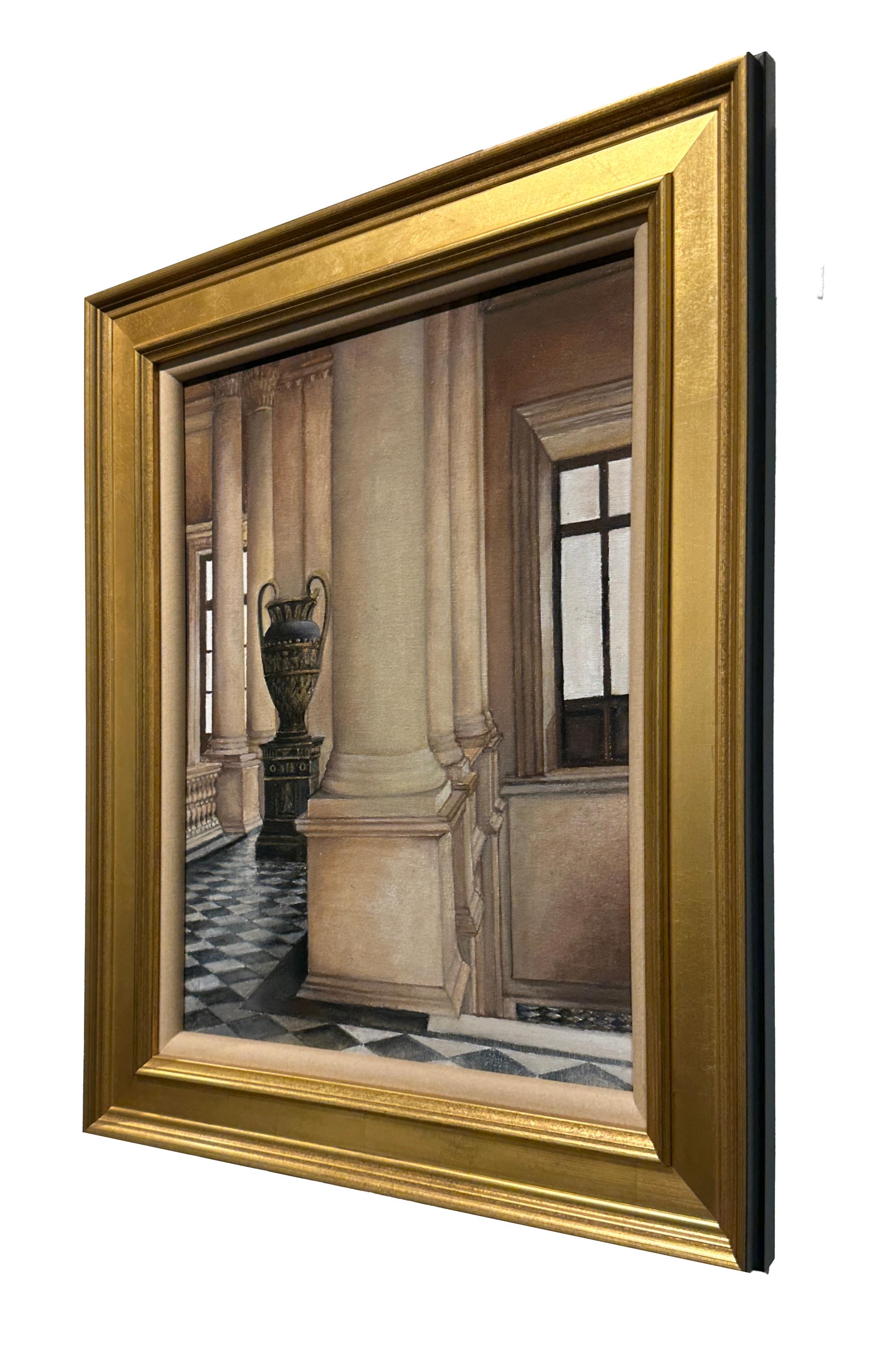 Interiors have always intrigued painter/architect Richard Gibbons and the Louvre provides ample areas of interest for just such an artist.  Here, the simplicity of design is evident in creating an extraordinary environment.  Painted on a canvas,