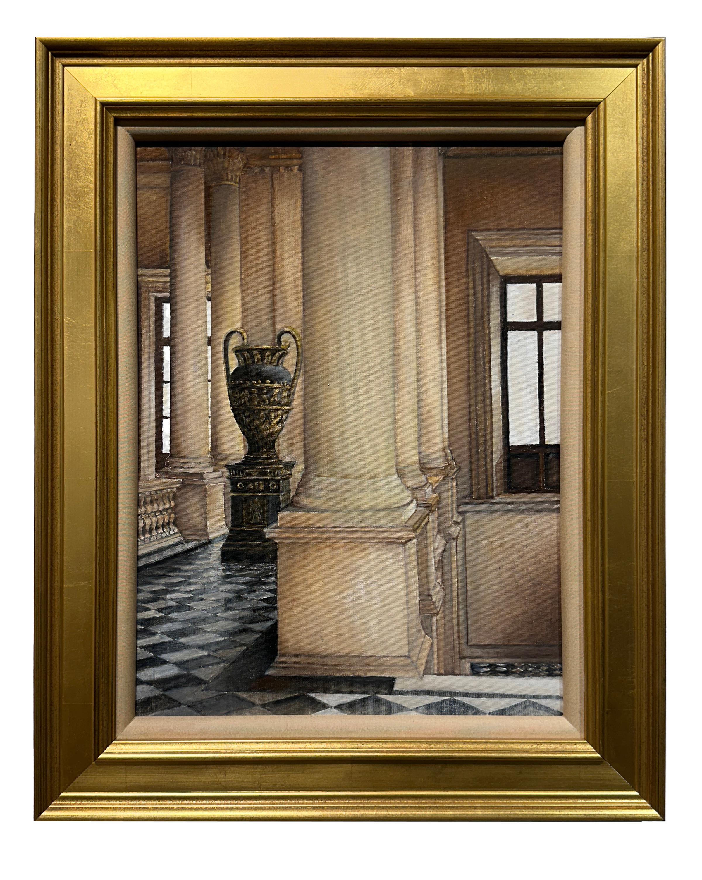 Richard Gibbons Interior Painting - The Louvre - Interior Architectural Scene, Framed, Original Oil on Canvas