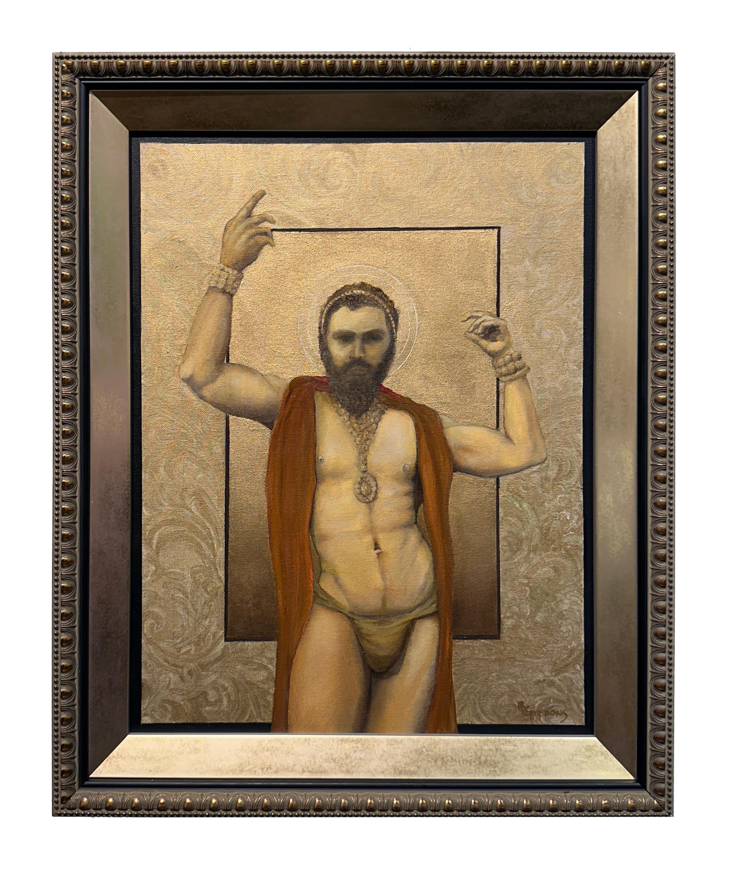 Figurative Painting Richard Gibbons - The Priest King of Knossos, Muscular Male, Original Oil on Canvas