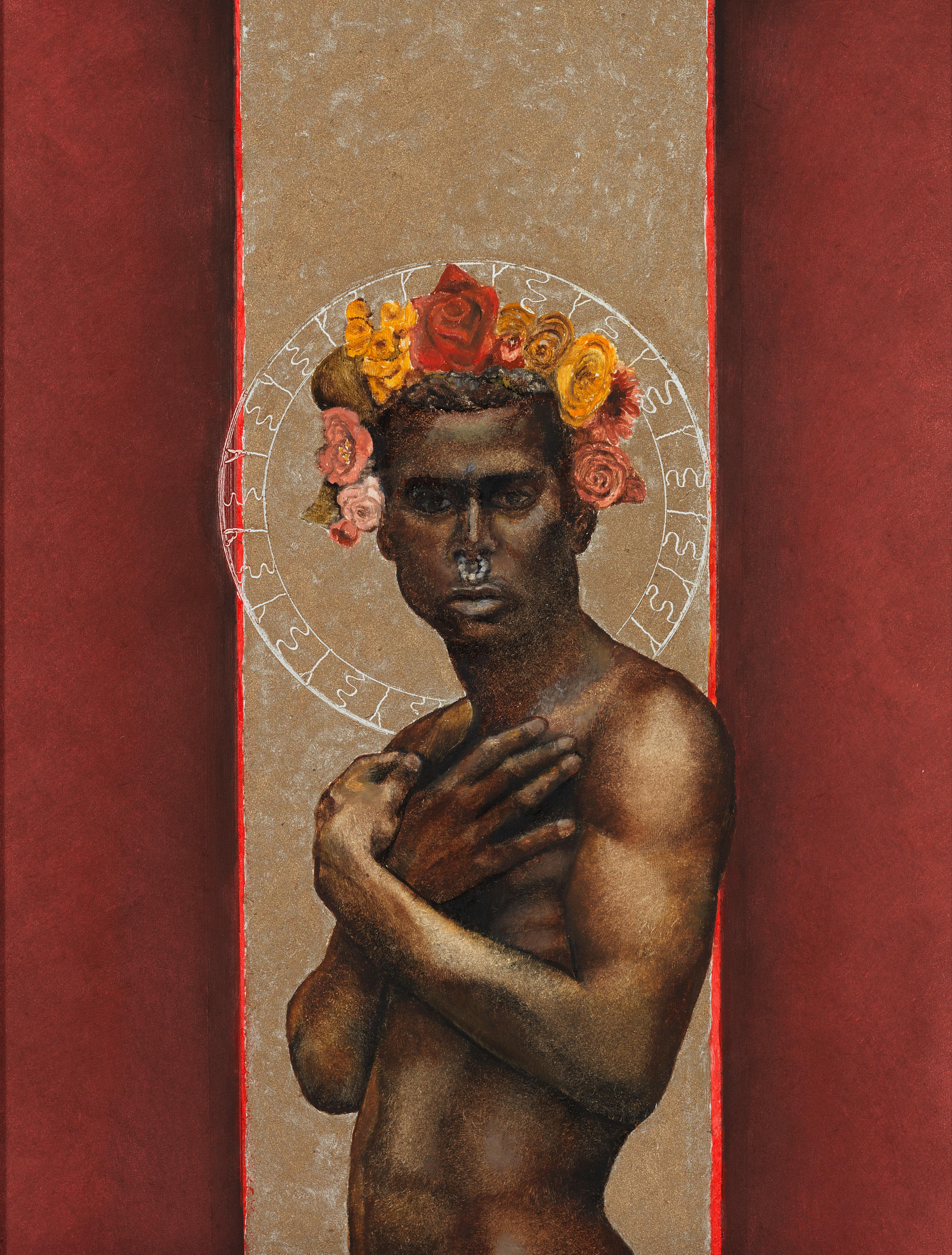 The Prophet Returns - Nackter männlicher Torso, beige und burgunderfarbenes Hintergrund, Öl auf Tafel – Painting von Richard Gibbons