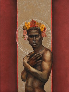 The Prophet Returns - Nude Male Torso, Beige & Burgundy Background, Oil on Panel