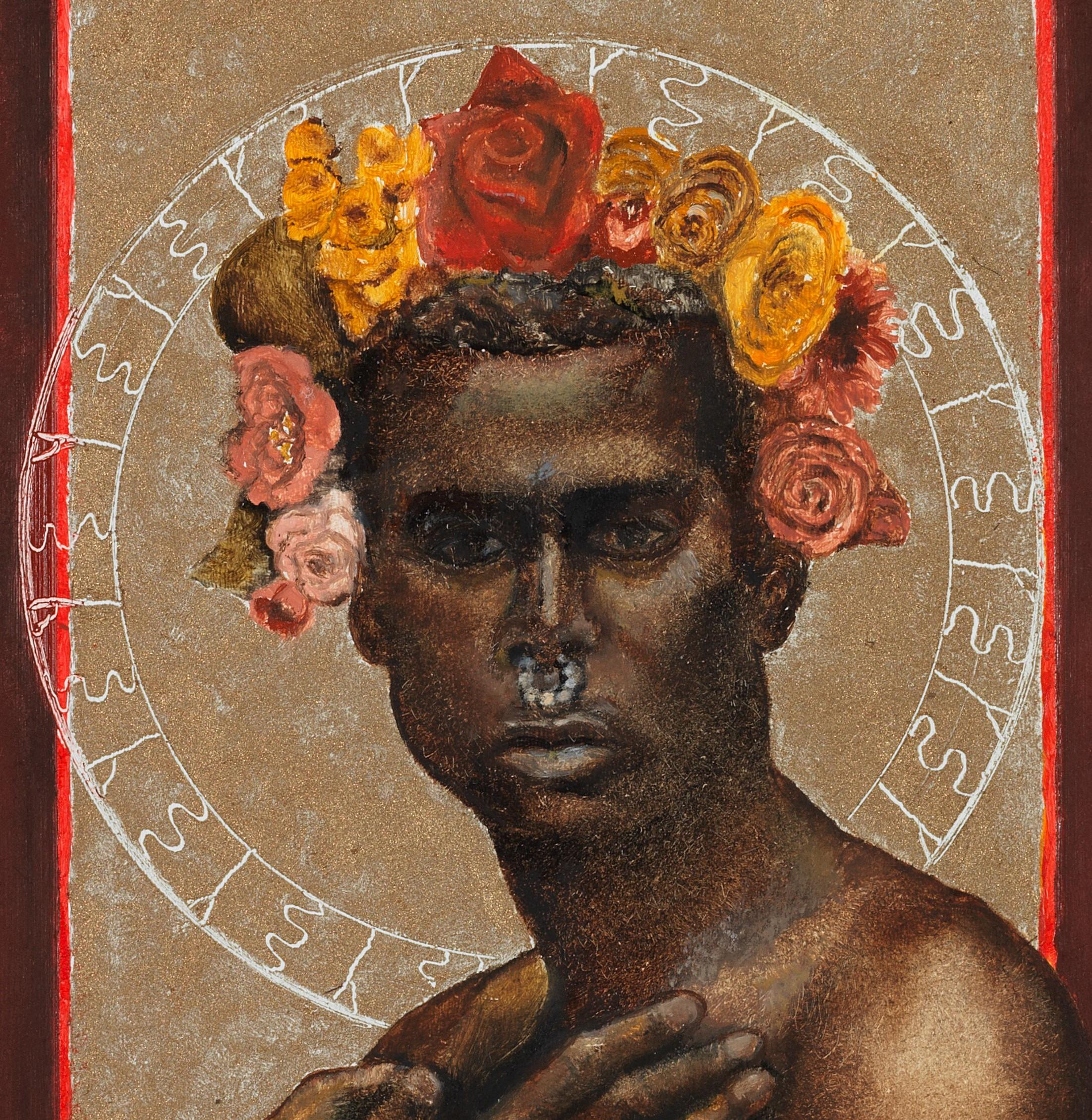 The Prophet Returns - Nackter männlicher Torso, beige und burgunderfarbenes Hintergrund, Öl auf Tafel (Zeitgenössisch), Painting, von Richard Gibbons