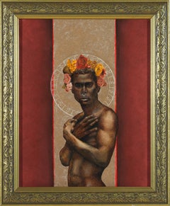 El Profeta Regresa - Torso Masculino Desnudo, Fondo Beige y Borgoña, Óleo sobre Panel