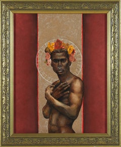 The Prophet Returns - Nude Male Torso, Beige & Burgundy Background, Oil on Panel