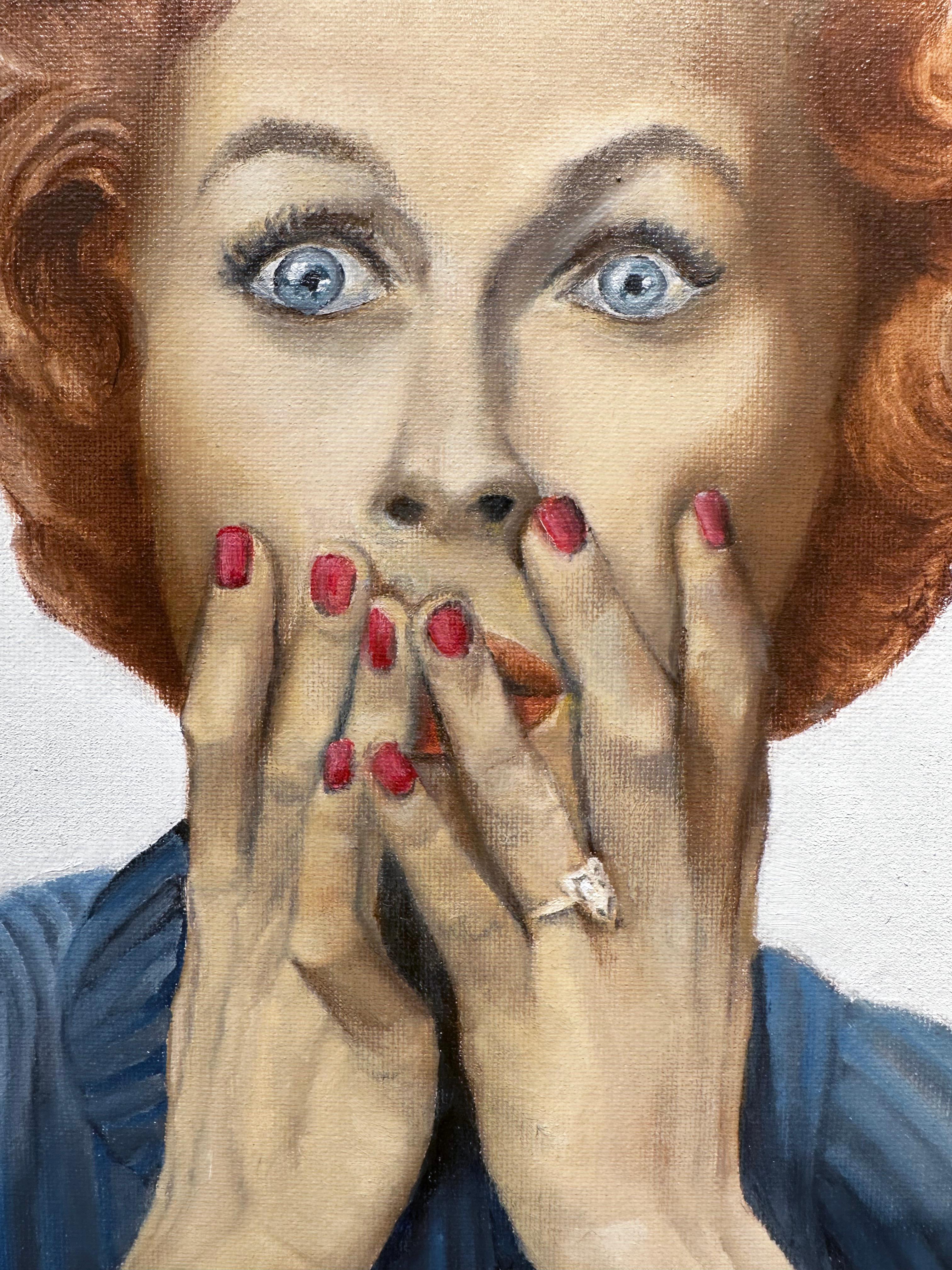 This Can't Be! - Woman in a Blue Dress Expressing Shock, Original Oil, Framed - Painting by Richard Gibbons