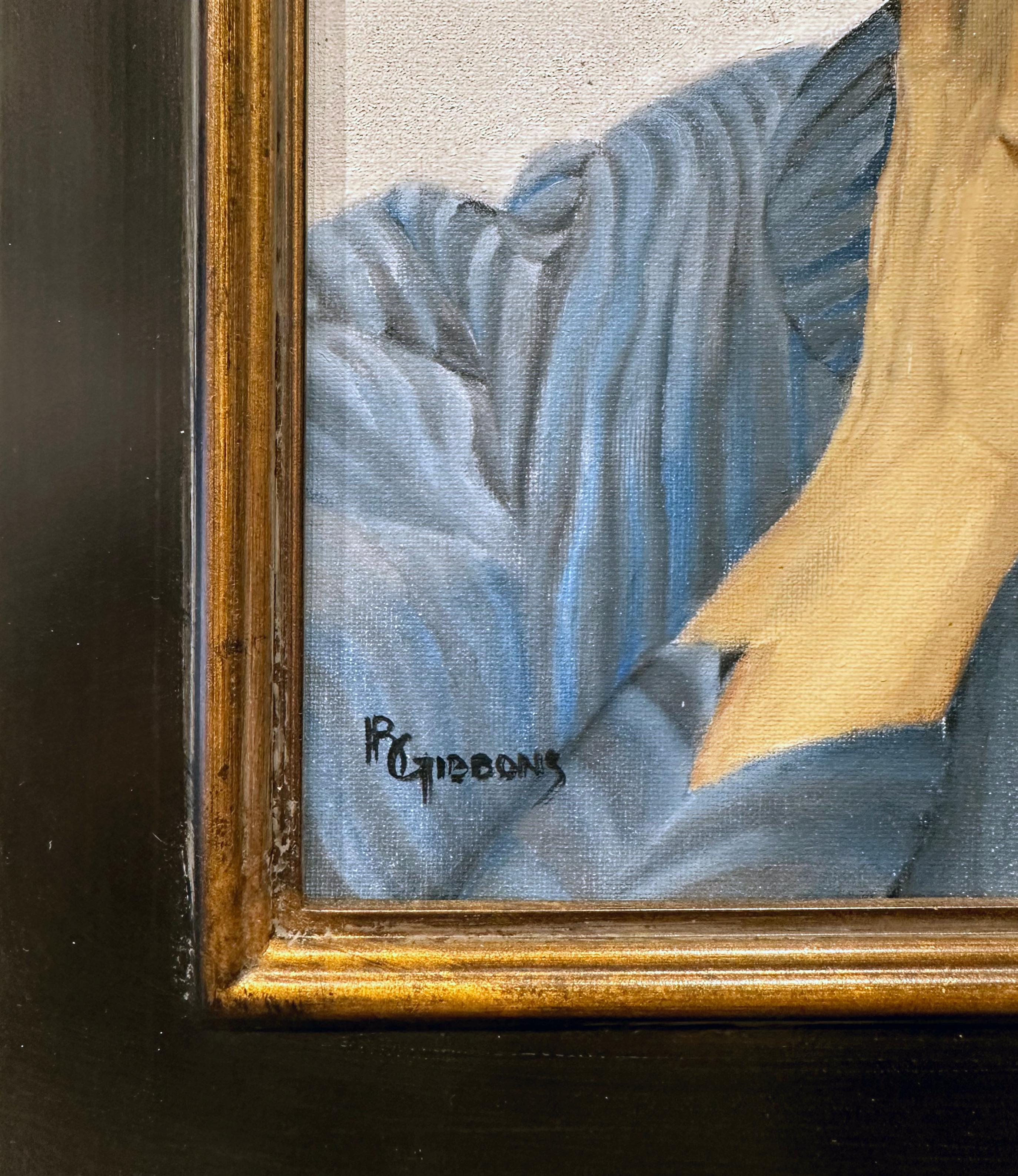 This Can't Be! - Woman in a Blue Dress Expressing Shock, Original Oil, Framed - Contemporary Painting by Richard Gibbons