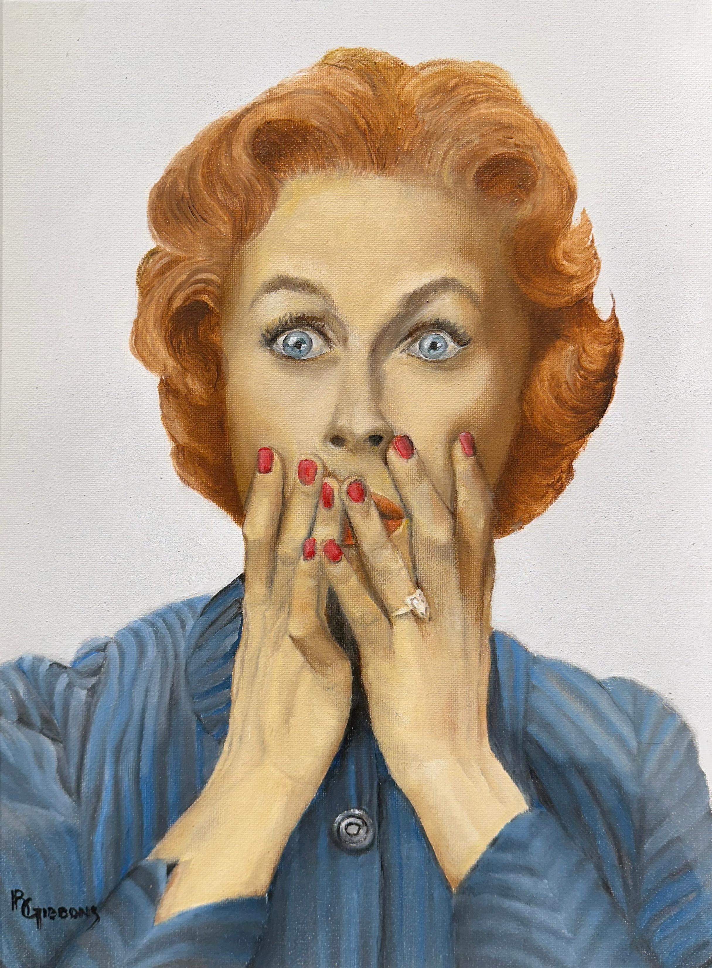 This painting is part of a series of portraits by Richard Gibbons in which the subject displays shock, dismay, anger or ambivalence in response to an unknown outside event. The portraits are painted in a retro-style harkening back to the 1950's.