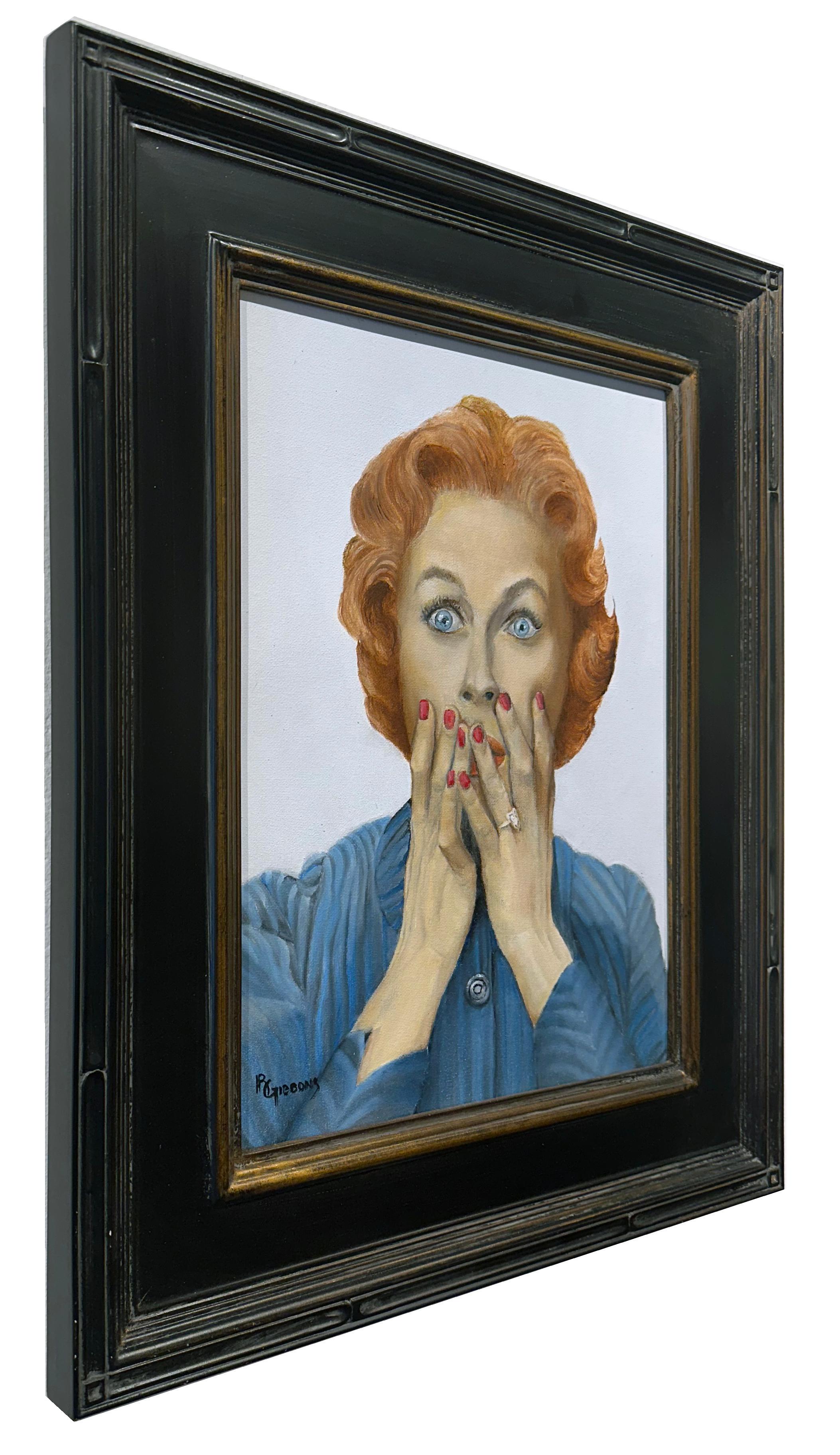 This Can't Be! - Woman in a Blue Dress Expressing Shock, Original Oil, Framed For Sale 2