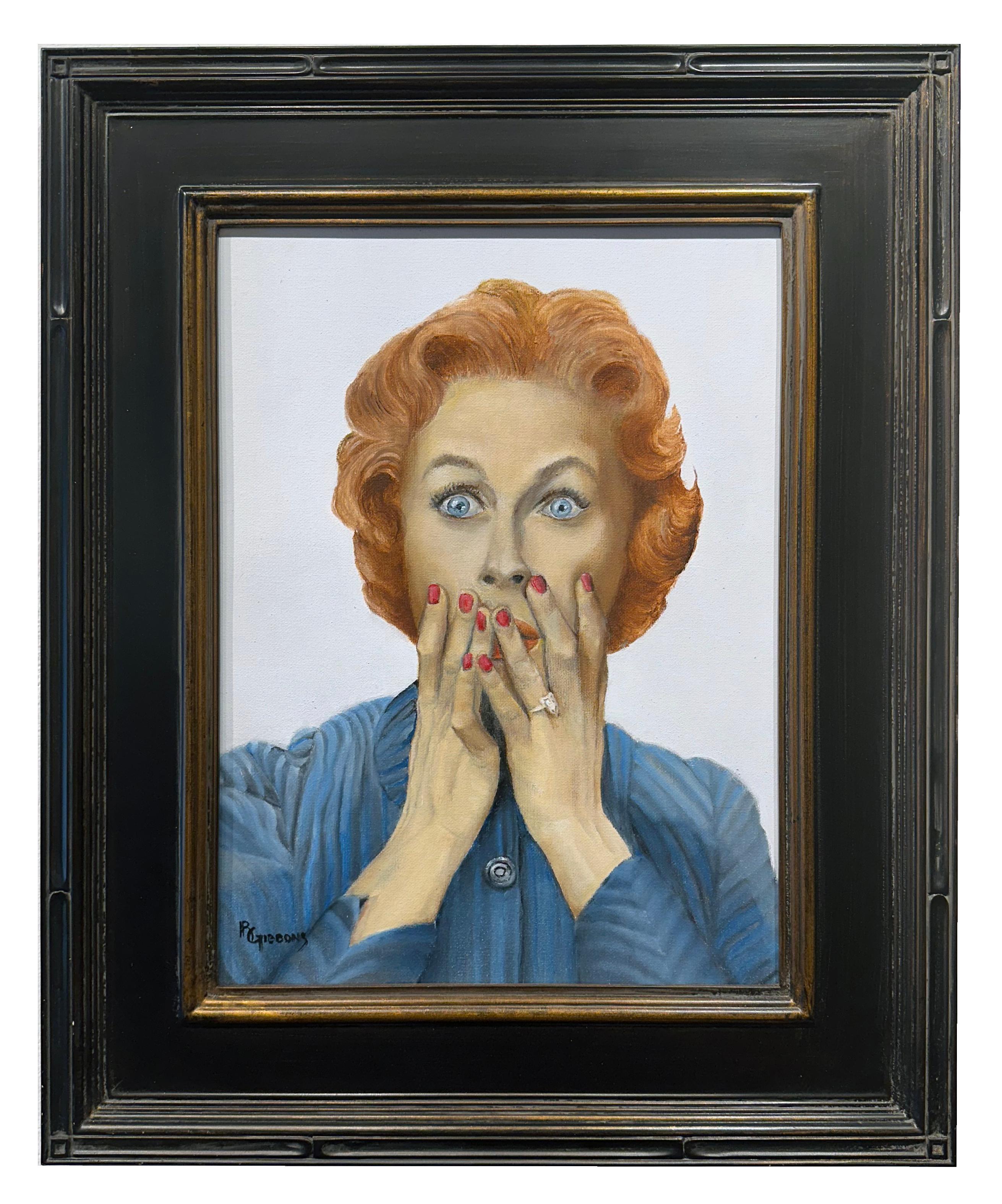 Richard Gibbons Figurative Painting - This Can't Be! - Woman in a Blue Dress Expressing Shock, Original Oil, Framed