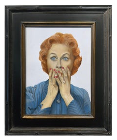 This Can't Be! - Woman in a Blue Dress Expressing Shock, Original Oil, Framed