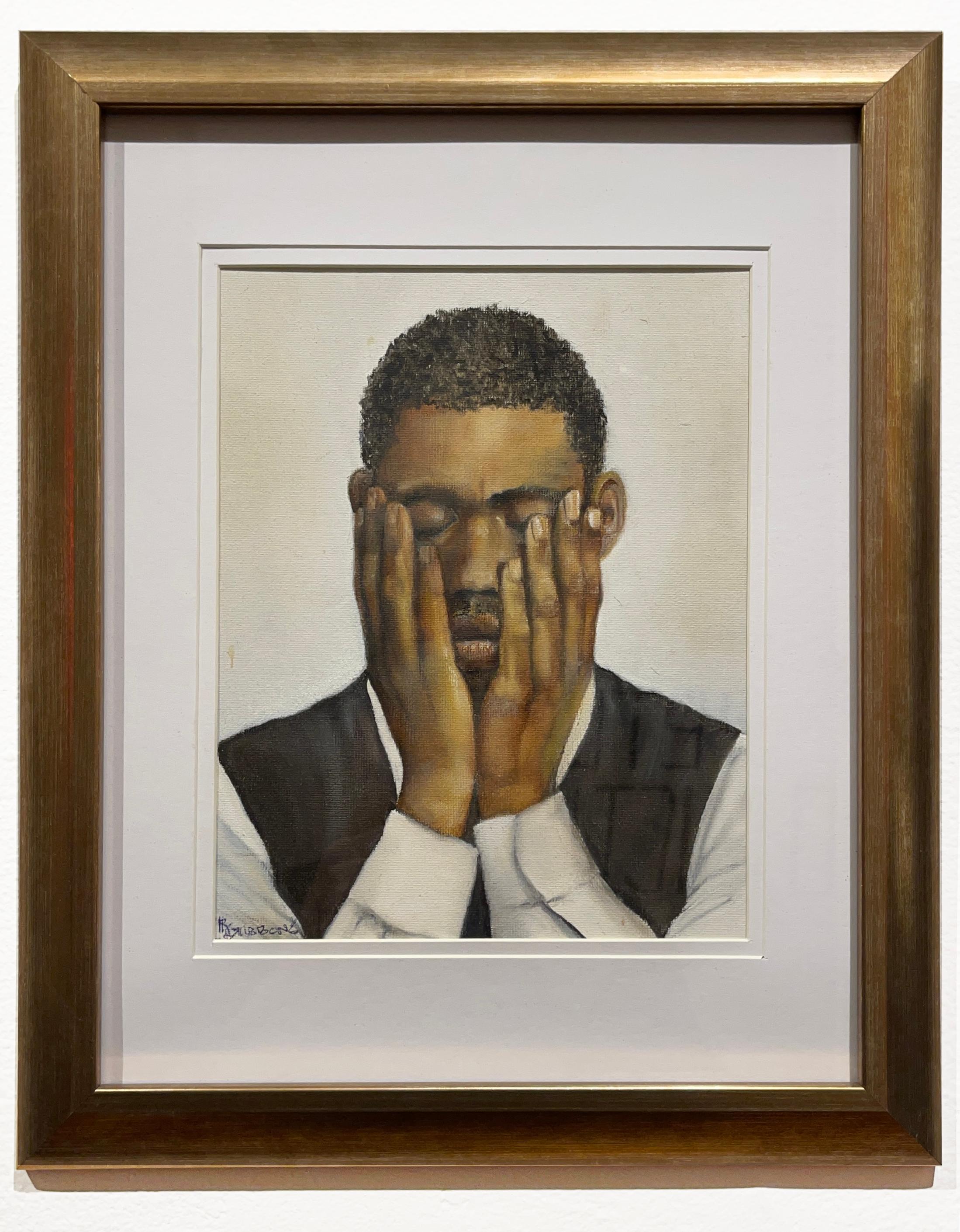 Ce Too Shall Pass - Portrait of a Man Covering Face, peinture à l'huile originale - Painting de Richard Gibbons