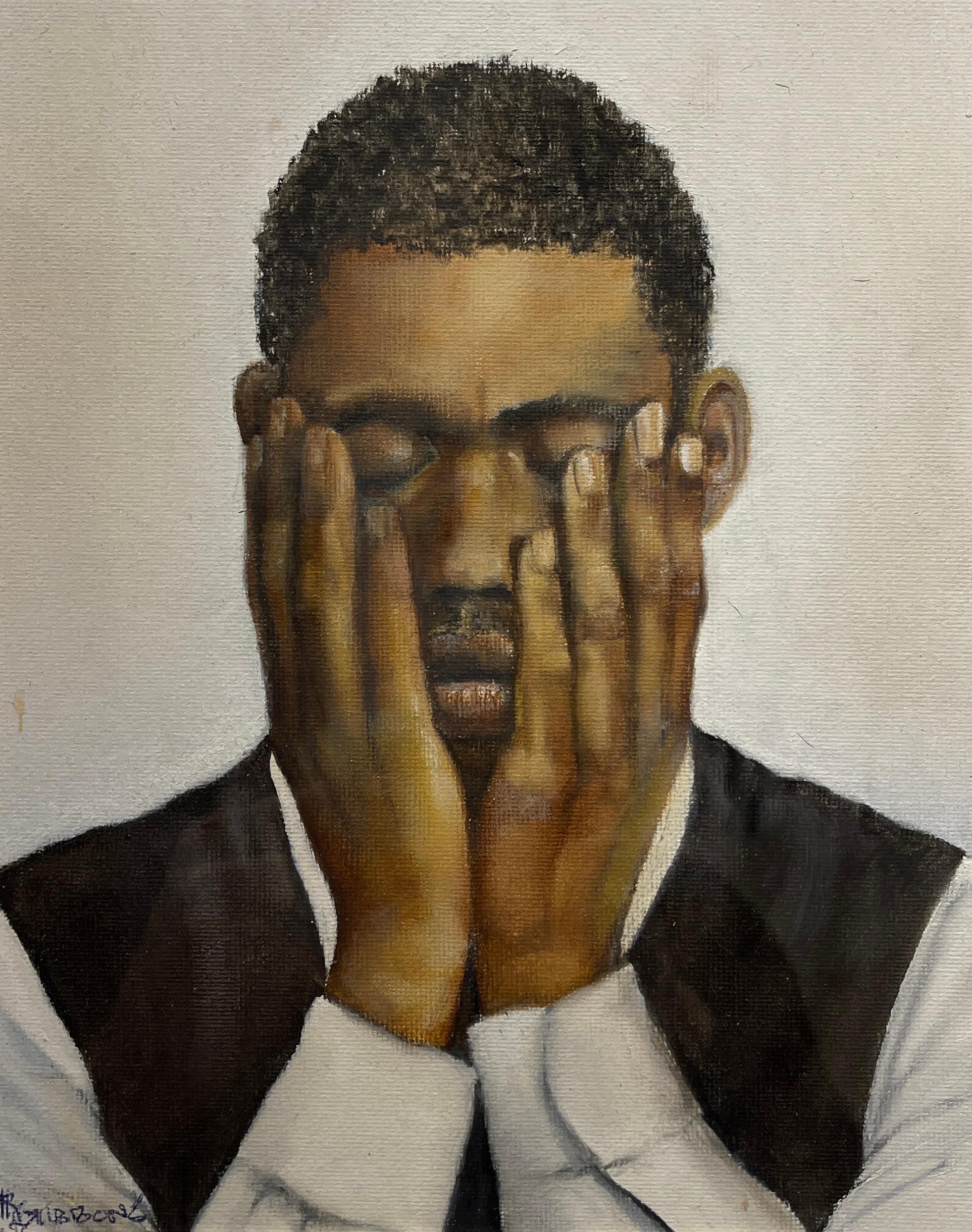 Ce Too Shall Pass - Portrait of a Man Covering Face, peinture à l'huile originale - Contemporain Painting par Richard Gibbons