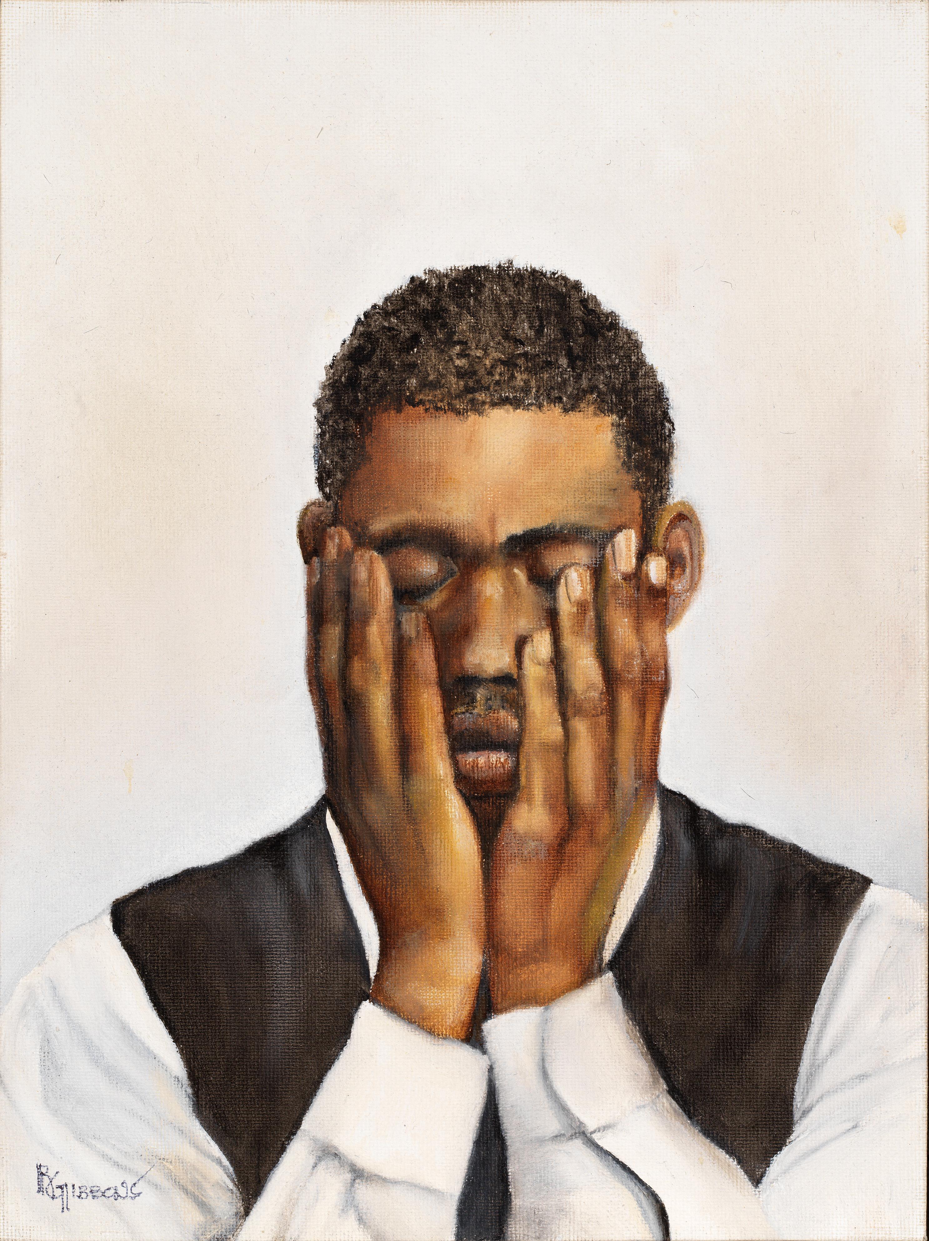 Figurative Painting Richard Gibbons - Ce Too Shall Pass - Portrait of a Man Covering Face, peinture à l'huile originale