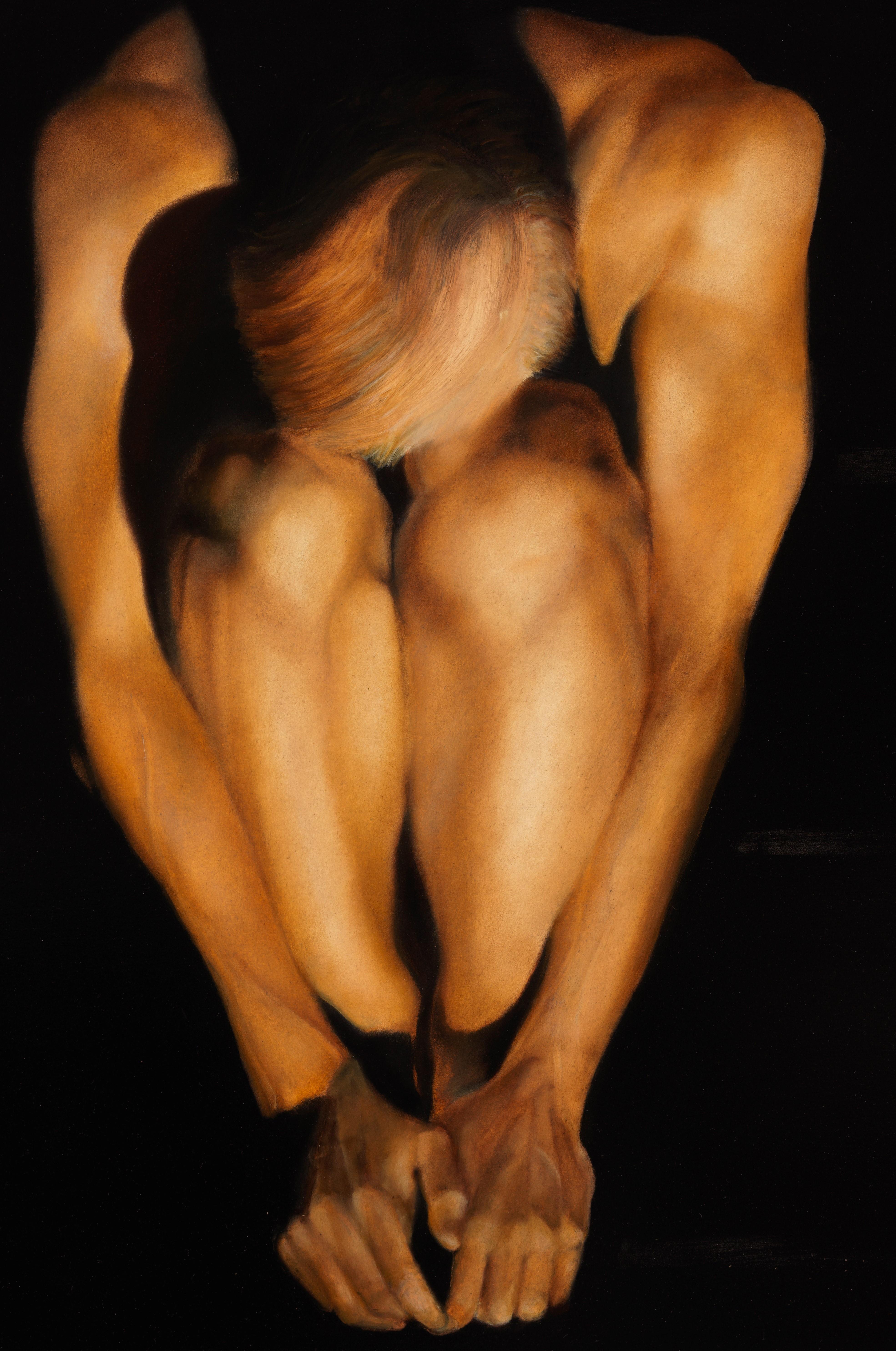 A master at capturing the subtleties of skin tone, Richard Gibbons presents an intimate view of this nude male in a crouched position.  The black background and offset figure placement add interest and intrigue to this stunning painting.  It is