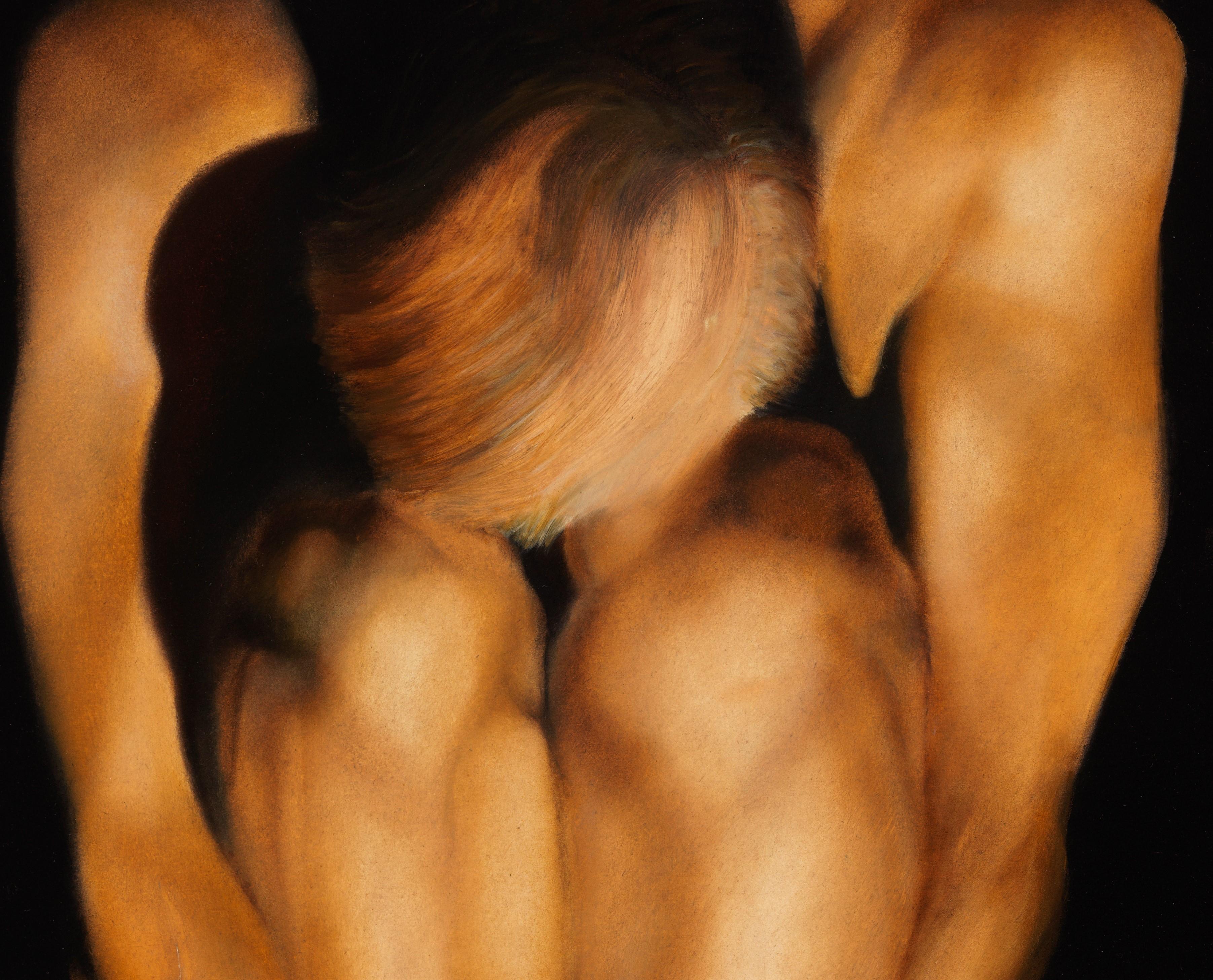 Tony on the Stairs -Male Nude Crouching, Black Background, Original Oil Painting 1