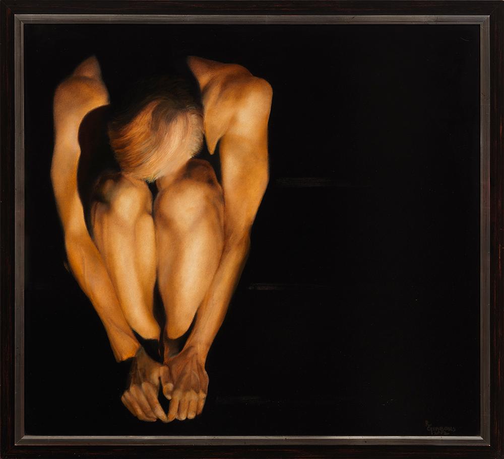 Richard Gibbons Nude Painting - Tony on the Stairs -Male Nude Crouching, Black Background, Original Oil Painting