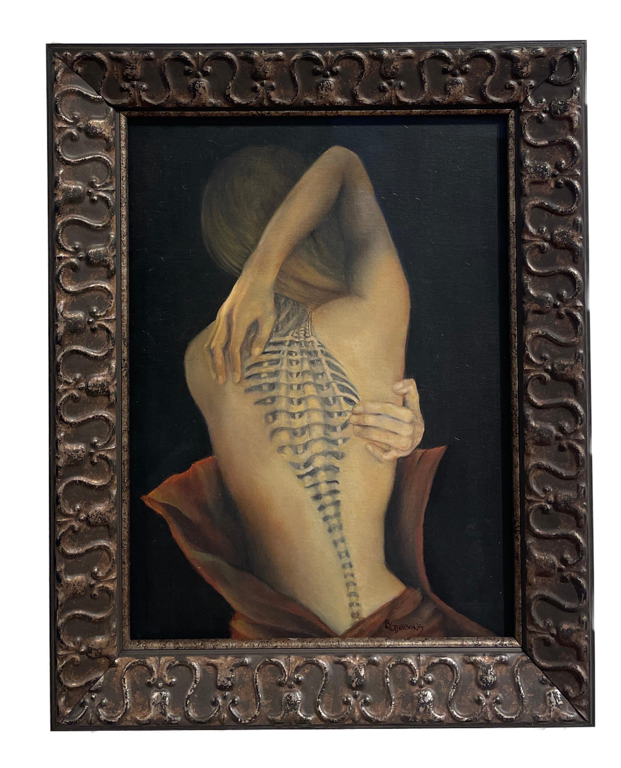 Trompe L'Oeil - Female Nude with Intricate Tattoo of the Spinal Column, Framed - Painting by Richard Gibbons