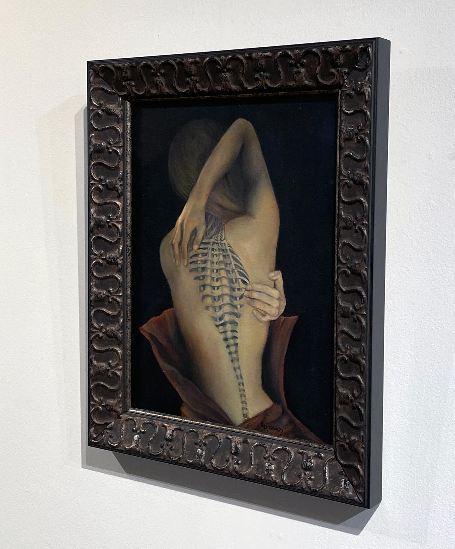 Trompe L'Oeil - Female Nude with Intricate Tattoo of the Spinal Column, Framed - Black Nude Painting by Richard Gibbons