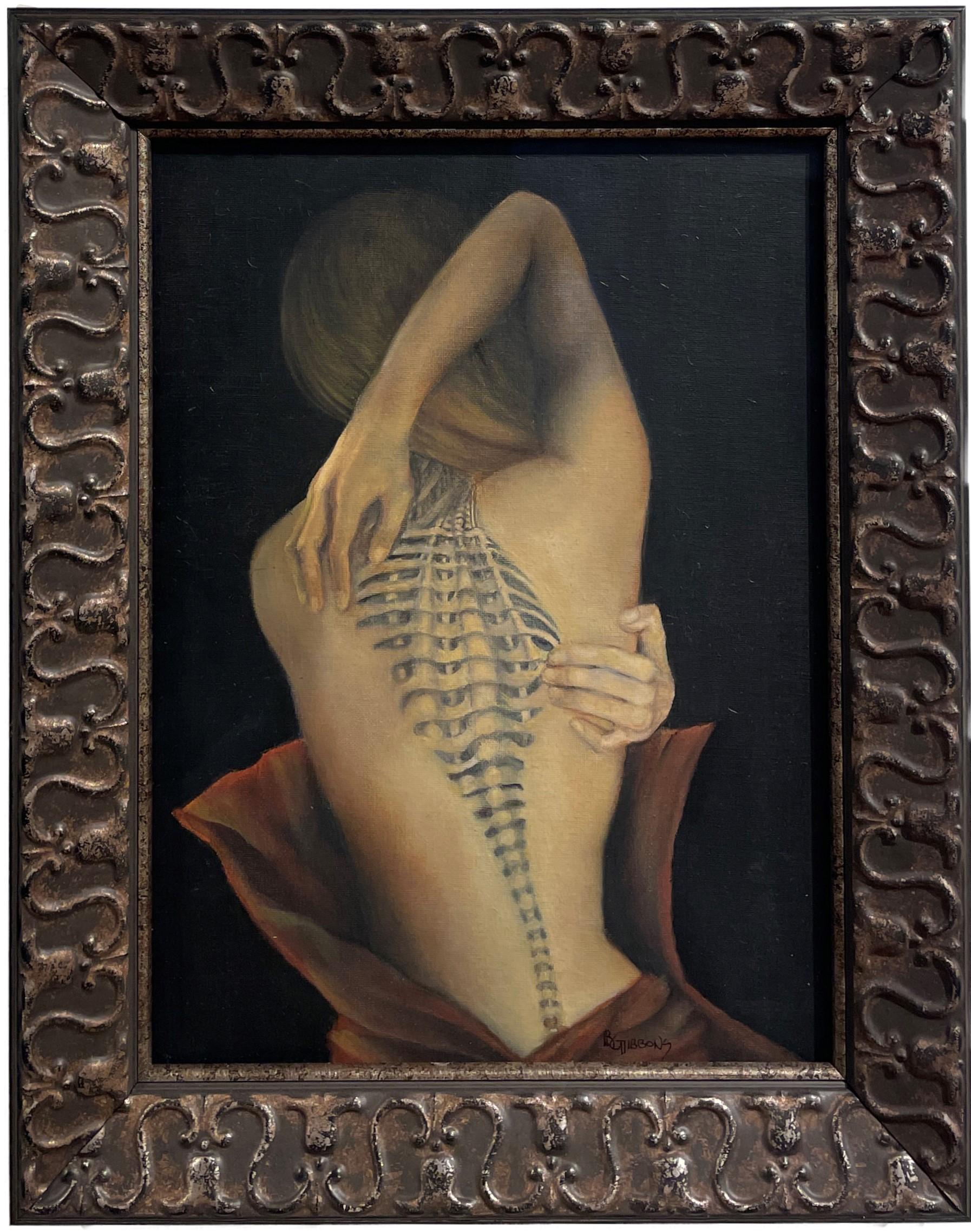 Richard Gibbons Nude Painting - Trompe L'Oeil - Female Nude with Intricate Tattoo of the Spinal Column, Framed