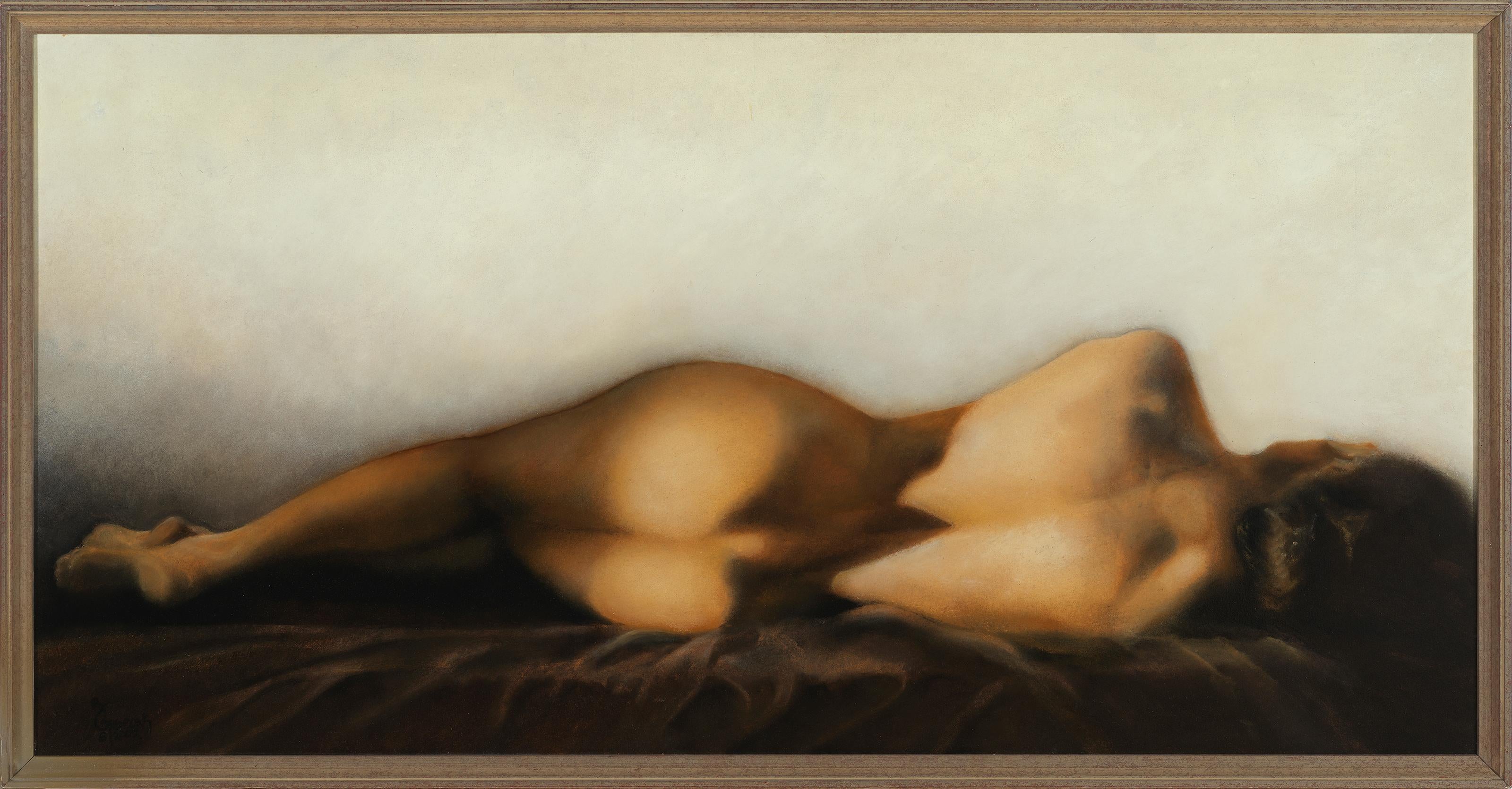 Richard Gibbons Nude Painting - Untitled #173 - Nude Female Figure Lying Down,  Earthy Gold and Neutral Tones