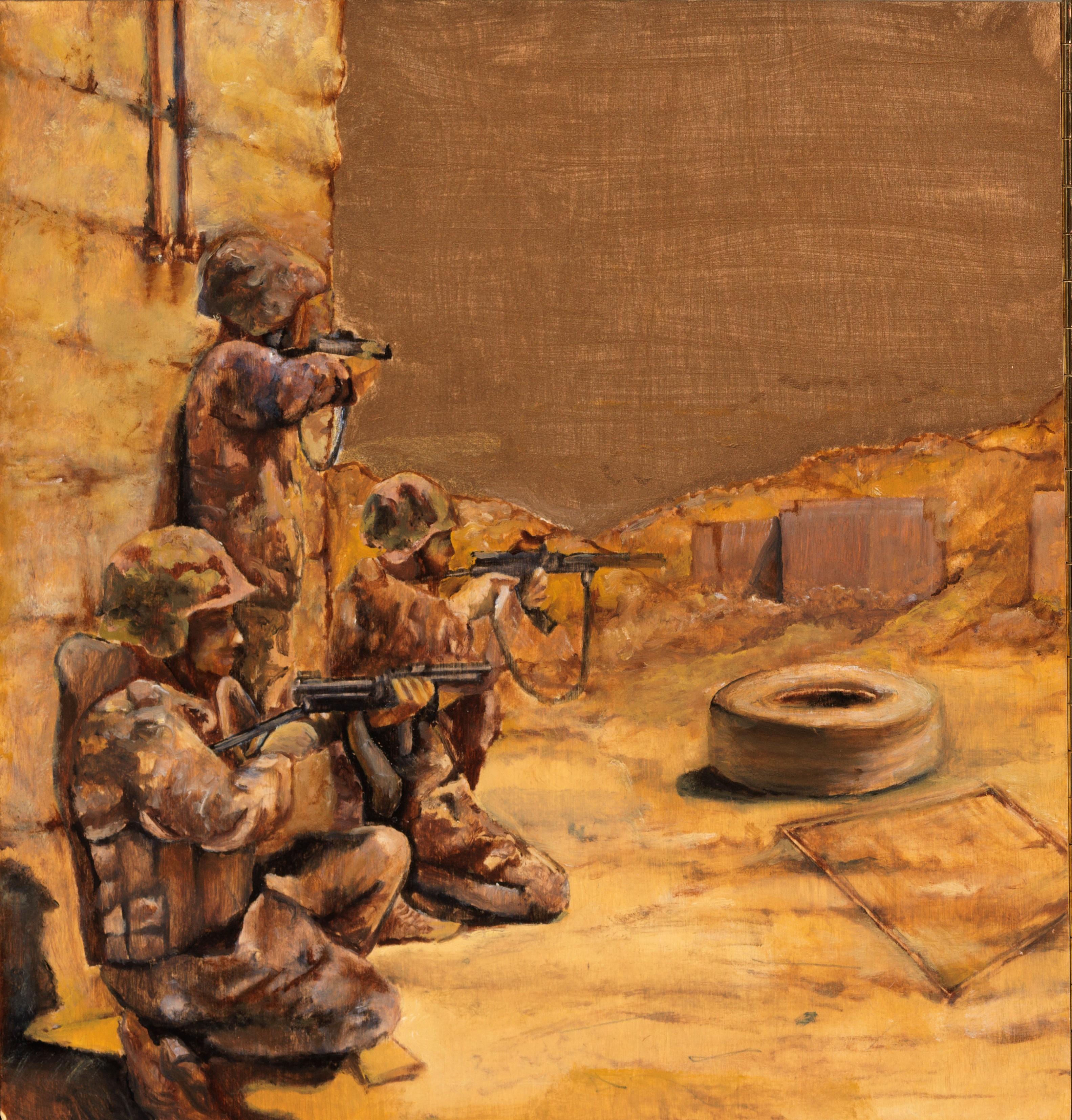 Uprising Triptychon, männlicher Akt, hochgestreckt, umgeben von bewaffneten Truppen – Painting von Richard Gibbons