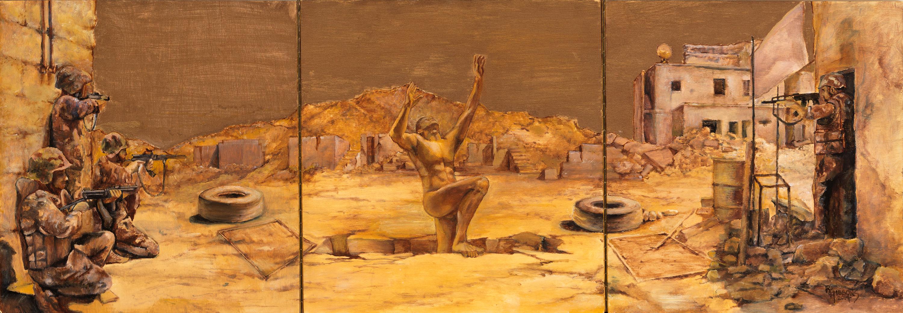 Richard Gibbons Figurative Painting – Uprising Triptychon, männlicher Akt, hochgestreckt, umgeben von bewaffneten Truppen